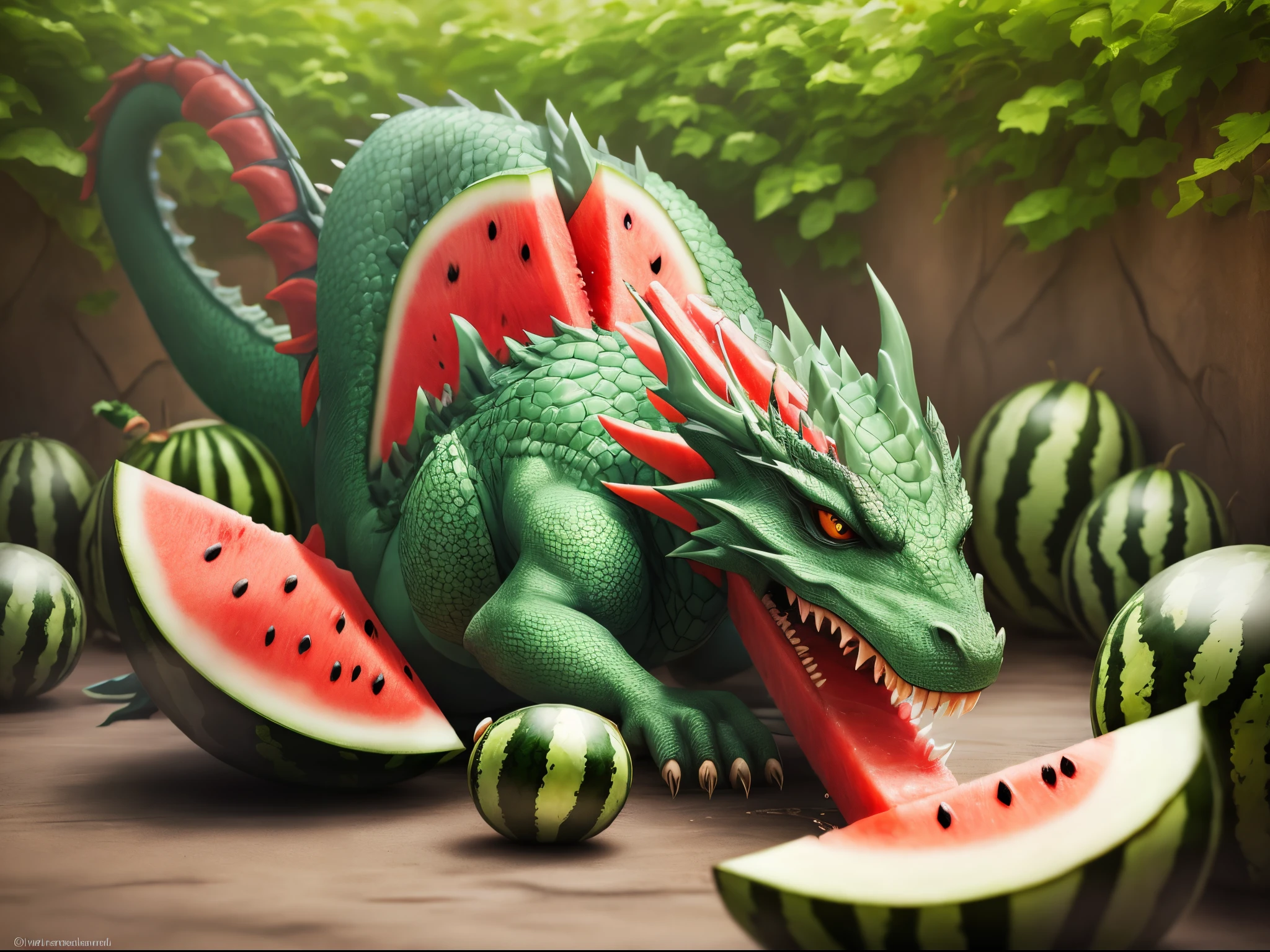 Dragon eating watermelon