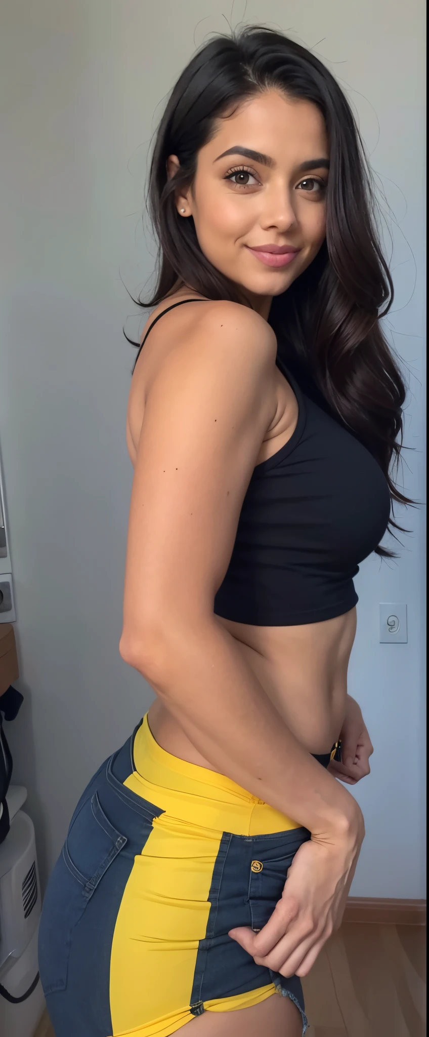 mulher arafa com blusa preta e saia amarela posando para uma foto, 2 Modelo feminina de 4 anos, cintura - tiro, corpo quente sexy, tiro do meio cintura para cima, mostrando o ombro de costas, long curvy black hair, hands behind her body pose!, corpo sexy, her navel is exposed, pose sexy, fit curvy physique, pose muito sexy