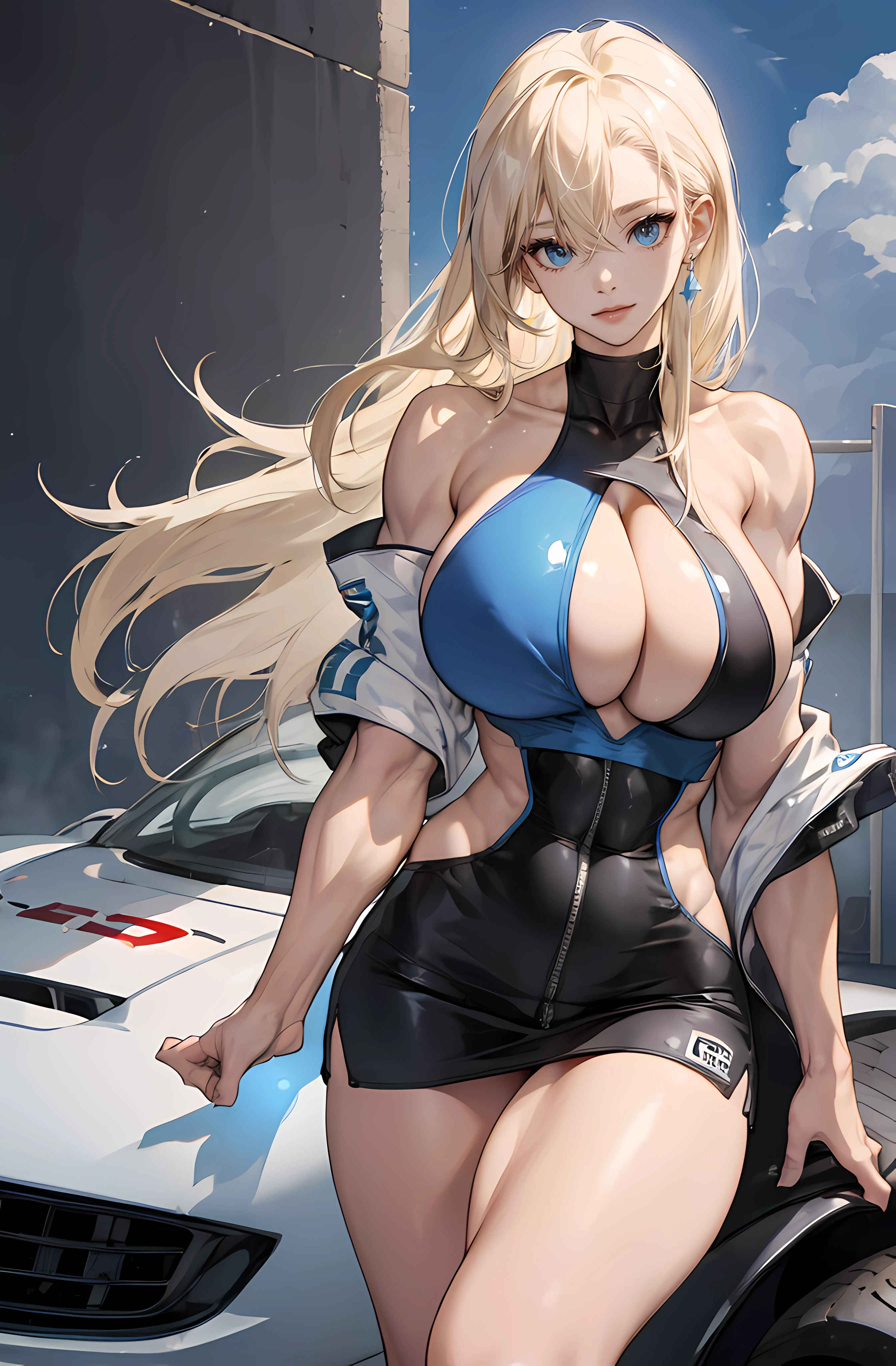 8K、Top  Quality、ultra-definition、extremely highly detailed、the anime、Surreal sixth sense、Visible clavicle、Platinum Blonde Hair、Long hair、Blue Eyes、shinny skin、Huge breasts、voluptuous breasts、thick-thighs、shinny skin、Drag racing、Midsummer Racing Circuit、race car、Racing Girl、Tight-fitting miniskirt, ((((huge muscles))))