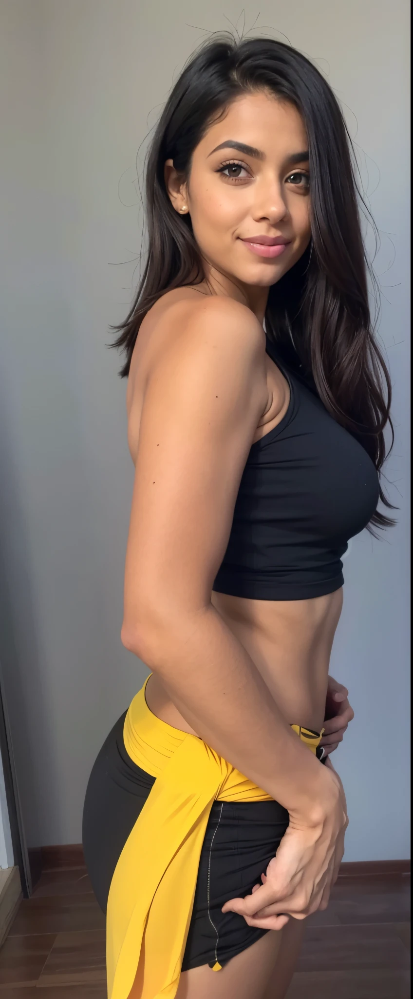 mulher arafa com blusa preta e saia amarela posando para uma foto, 2 Modelo feminina de 4 anos, cintura - tiro, corpo quente sexy, tiro do meio cintura para cima, mostrando o ombro de costas, long curvy black hair, hands behind her body pose!, corpo sexy, her navel is exposed, pose sexy, fit curvy physique, pose muito sexy