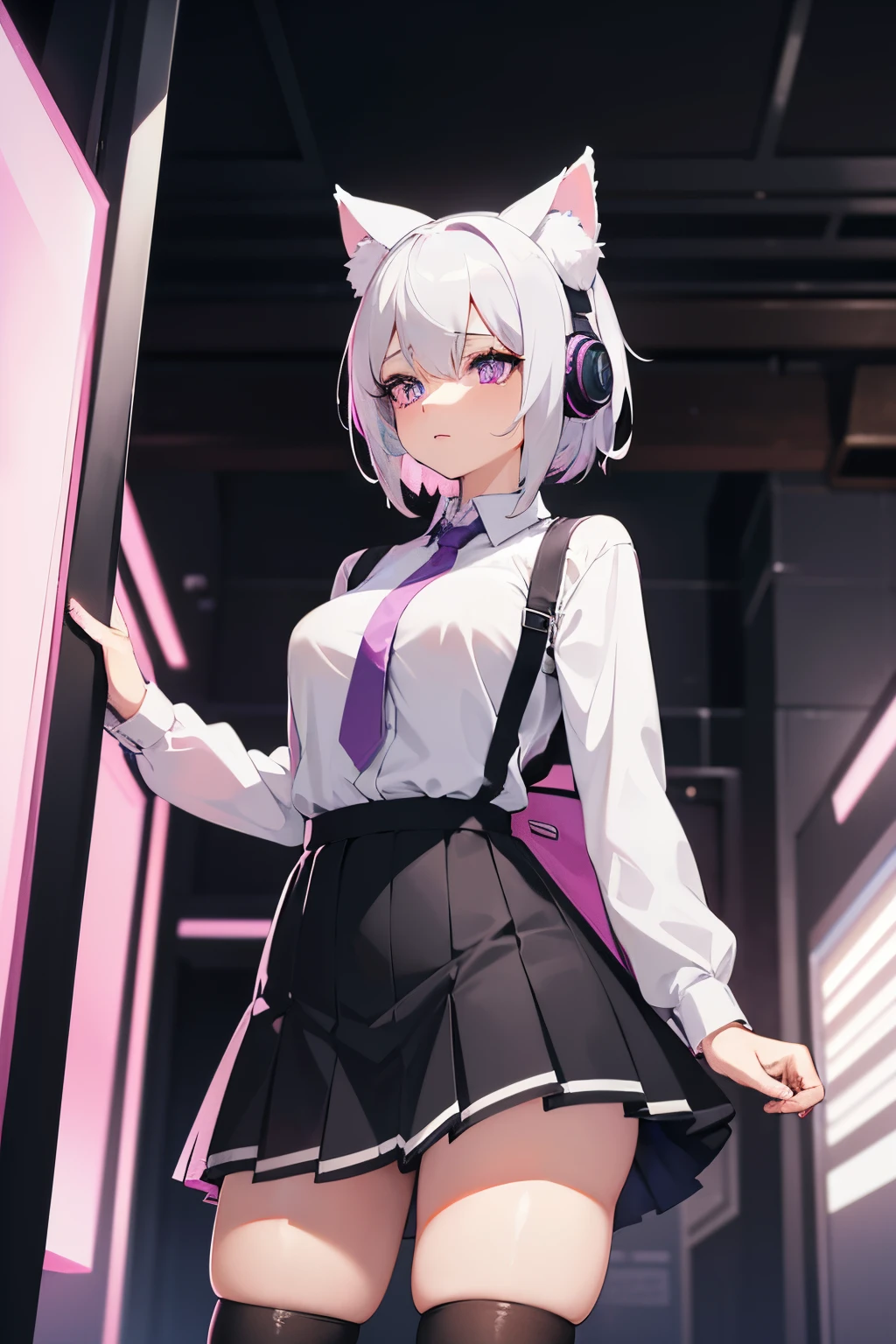 "anime girl, 1 person, silver white hair, light pink purple eyes, wearing cat ear headphones, female shirt, female school uniform, tie, black miniskirt, big breasts, tights, standing cross-legged, side view, (full HD 4K+ image)"