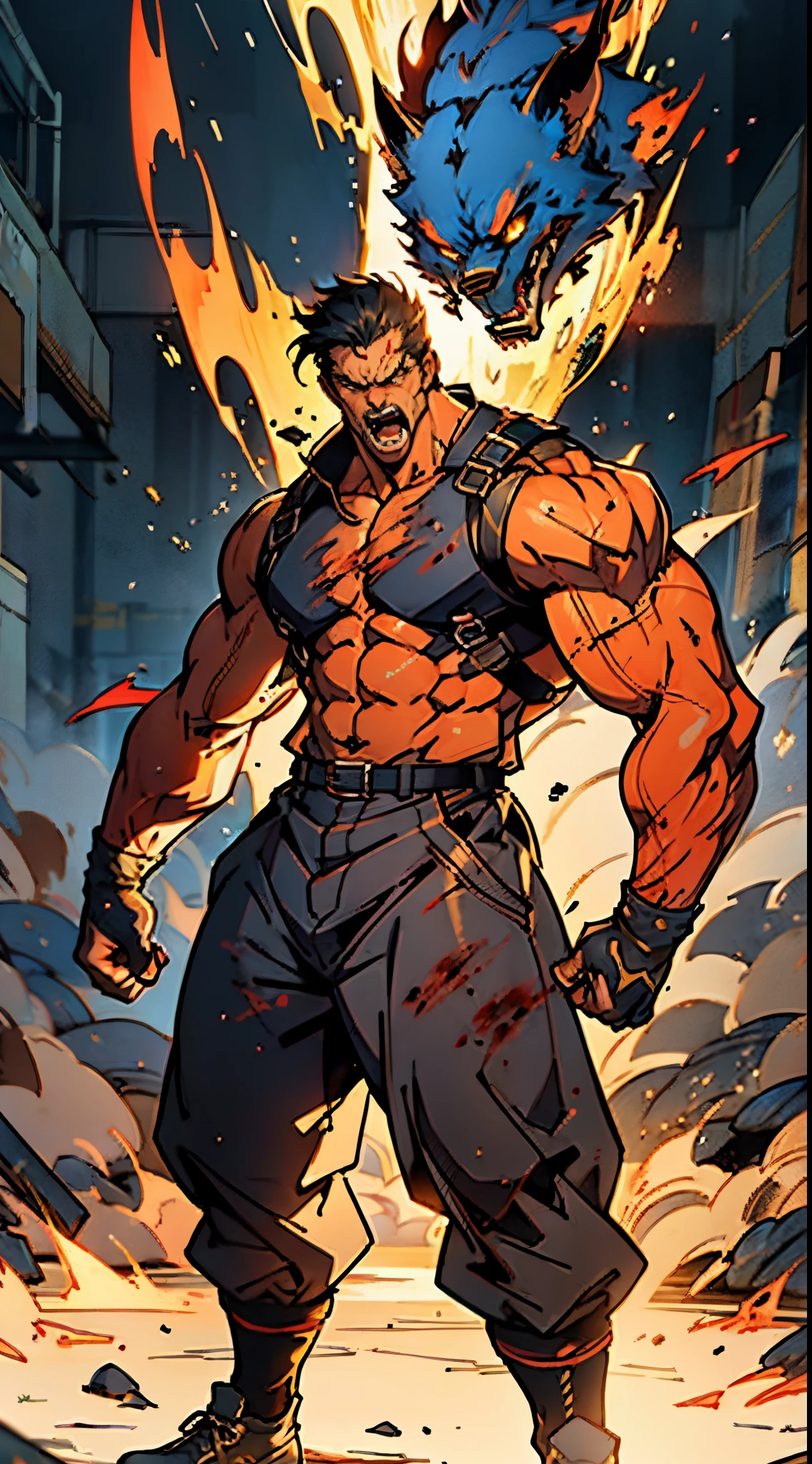 A middle-aged man with golden short hair, an upright hairstyle, thick eyebrows, an angry gaze, an excited expression, open mouth roaring, a robust figure, a sturdy stance, body inclined forward, hands tightly clenched into fists, ready for battle, tattered fantasy-style clothes made of worn-out fabric, coarse fabric trousers, canvas shoes, entire body emits a blood-red fighting spirit energy, powerful energy gathers in his hands, the background depicts a battlefield on a wilderness, this character embodies a finely crafted fantasy-style berserker in anime style, exquisite and mature manga art style, high definition, best quality, highres, ultra-detailed, ultra-fine painting, extremely delicate, professional, anatomically correct, symmetrical face, extremely detailed eyes and face, high quality eyes, creativity, RAW photo, UHD, 8k, Natural light, cinematic lighting, masterpiece-anatomy-perfect, masterpiece:1.5