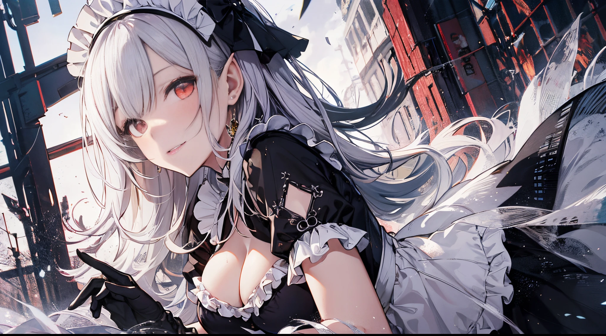 （（tmasterpiece：1.4，Best quality at best））+，（hyper-detailing）+，（詳細な目：1.5）+，（pointy ears：1.5），（cute girls），（Golden-red eyes：1.5），（cabelos preto e longos:1.5），（wariza：1.2），pale-skinned，Seductive smile，black crystal block，Red crystal on forehead，（White maid outfit：1.5），（black ribbon，White stockings，White apron：1.4），dense fog，Stand up and salute，metal chains，Black silk gloves，Ice compress cleaning effect，country estate，wheat field，tropical garden，（Classical maid：1.1），（dawn light：1.2），（Thick black and white：1.16），（depth of fields：1.4），Complicated details，color mixing，Detailed route，Excellent,super detailing,The content is very detailed,(hight contrast:1.11),ventania,Amazing cleavage,beautidful eyes,messy  hair,(best illuminate，Extremely Delicately Beautiful), ((movie light lighting)), (seen from the side:1.3)，8K,tmasterpiece，Best quality at best，cinematic Film still from，1 plump girl，（Close-up cleavage：1.1），bright，Interesting，gentlesoftlighting，（bauhause，shape，line engineering，Abstract：1.1）offcial art， Unity 8k壁纸， ultra - detailed， Beautiful and beautiful， tmasterpiece， Best quality at best， （dynamic angle：1.4），PerfectNwsjMajic，（tmasterpiece，top-quality，Best quality at best，offcial art，Beauty and aesthetics：1.2），The content is very detailed，rich colourful，highest details，