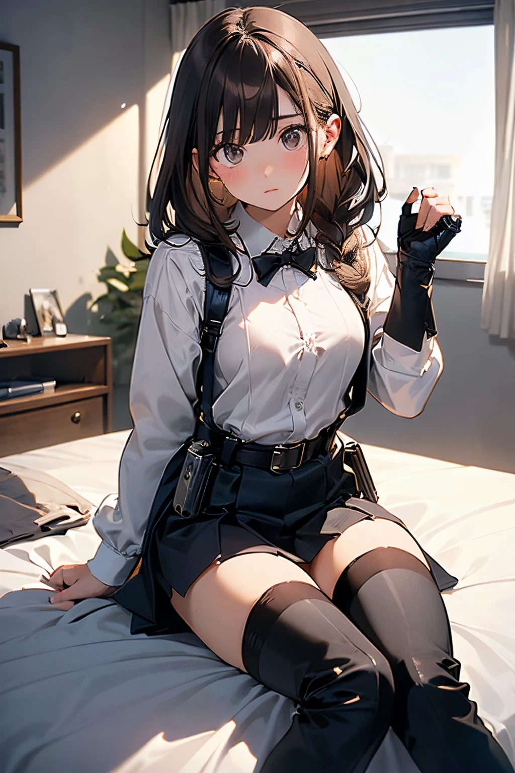 Anime girl sitting on a bed with a black and white outfit - SeaArt AI