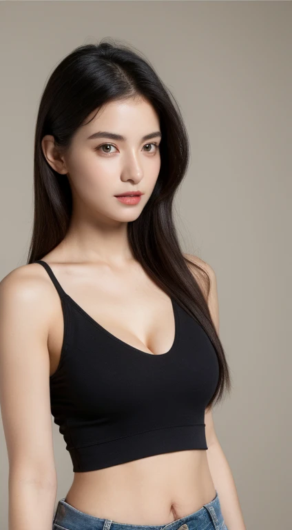 （realistically， A high resolution：1.3）， 1 girl with perfect figure， The face shape and eyes are super delicate，cabelos preto e longos， random color tank top：1.2， Random pants for lower body，Full body photo，Exposing cleavage