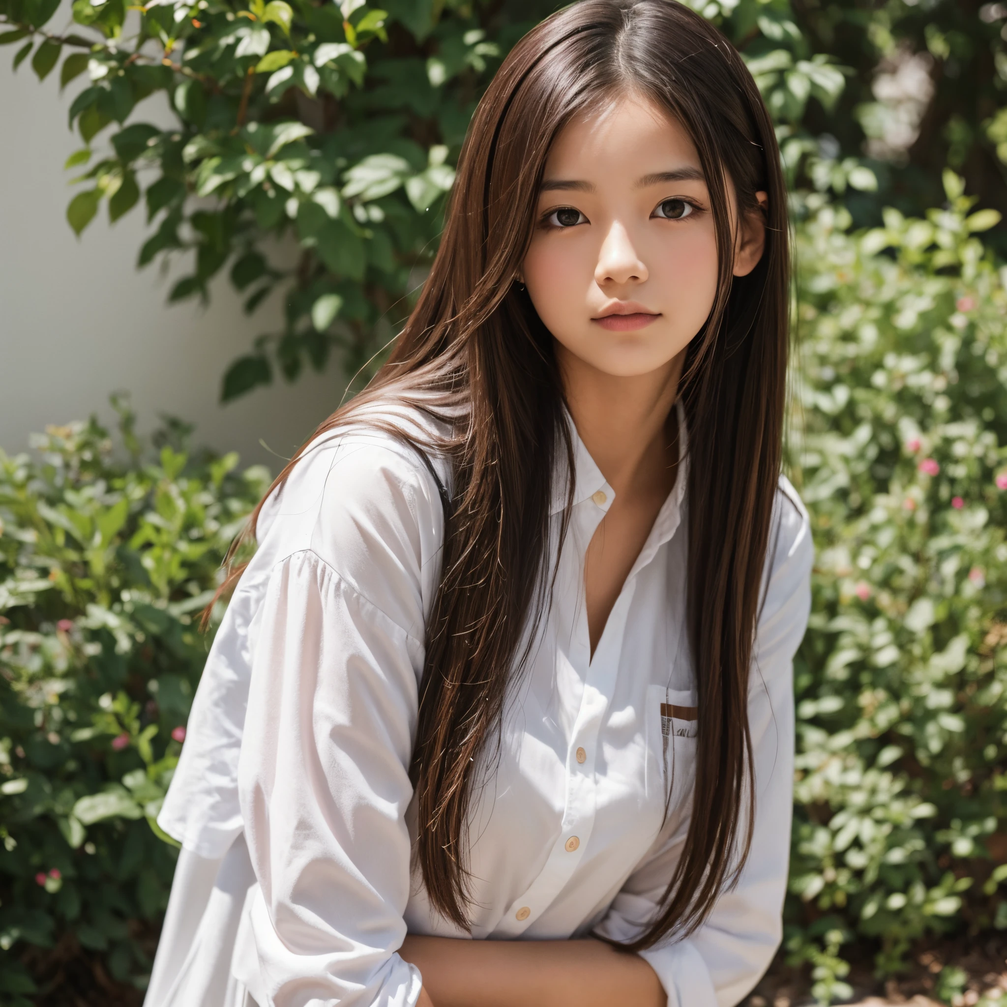 Araffe asian woman with long hair and white shirt posing for a picture ...