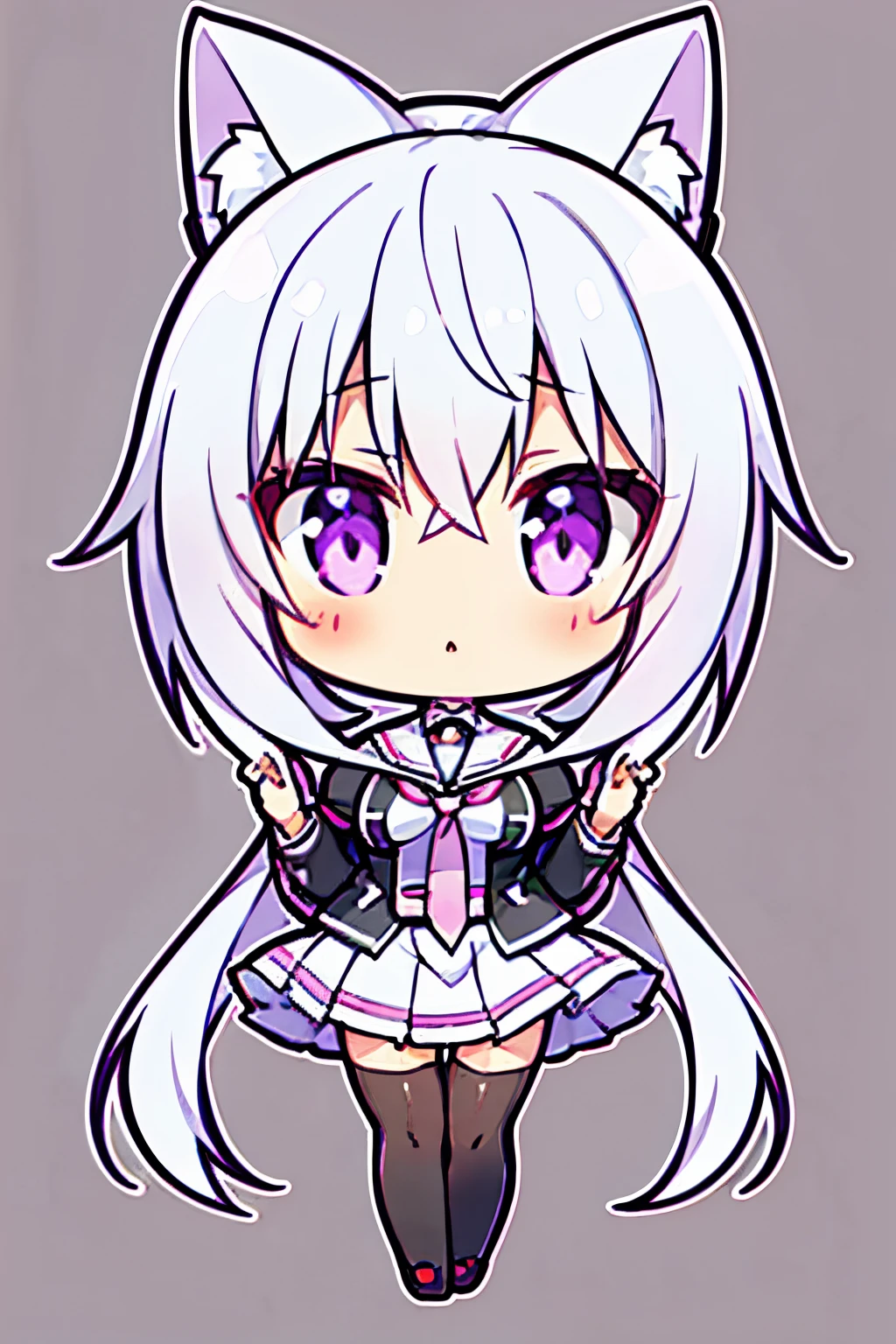 "anime girl, 1 person, silver white hair, light pink purple eyes, wearing cat ear headphones, female shirt, female school uniform, tie, black miniskirt, big breasts, tights, standing cross-legged, side view, (full HD 4K+ image)"