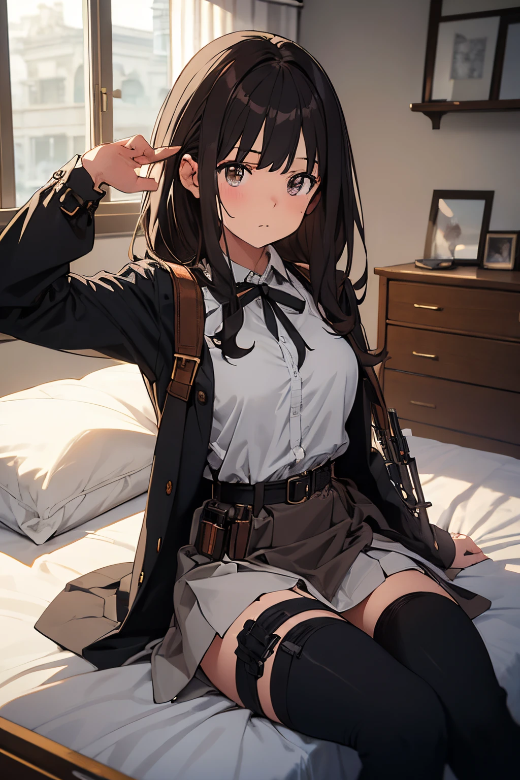 ​masterpiece、flat-colors、depth of fields、lens flare 1 girl、、Brown hair、watching at viewers　　　black suspenders　　　Bulging big breasts　　 　 　　　walls: 　Black miniskirt　garters　　　　　　Gaze　　　Small face　bangss 　　　holster　　Belt Armament　Beautuful Women　srestrained　hands up　Lying in bed　Leg holster lying on the bed　　Gaze 　Black boots