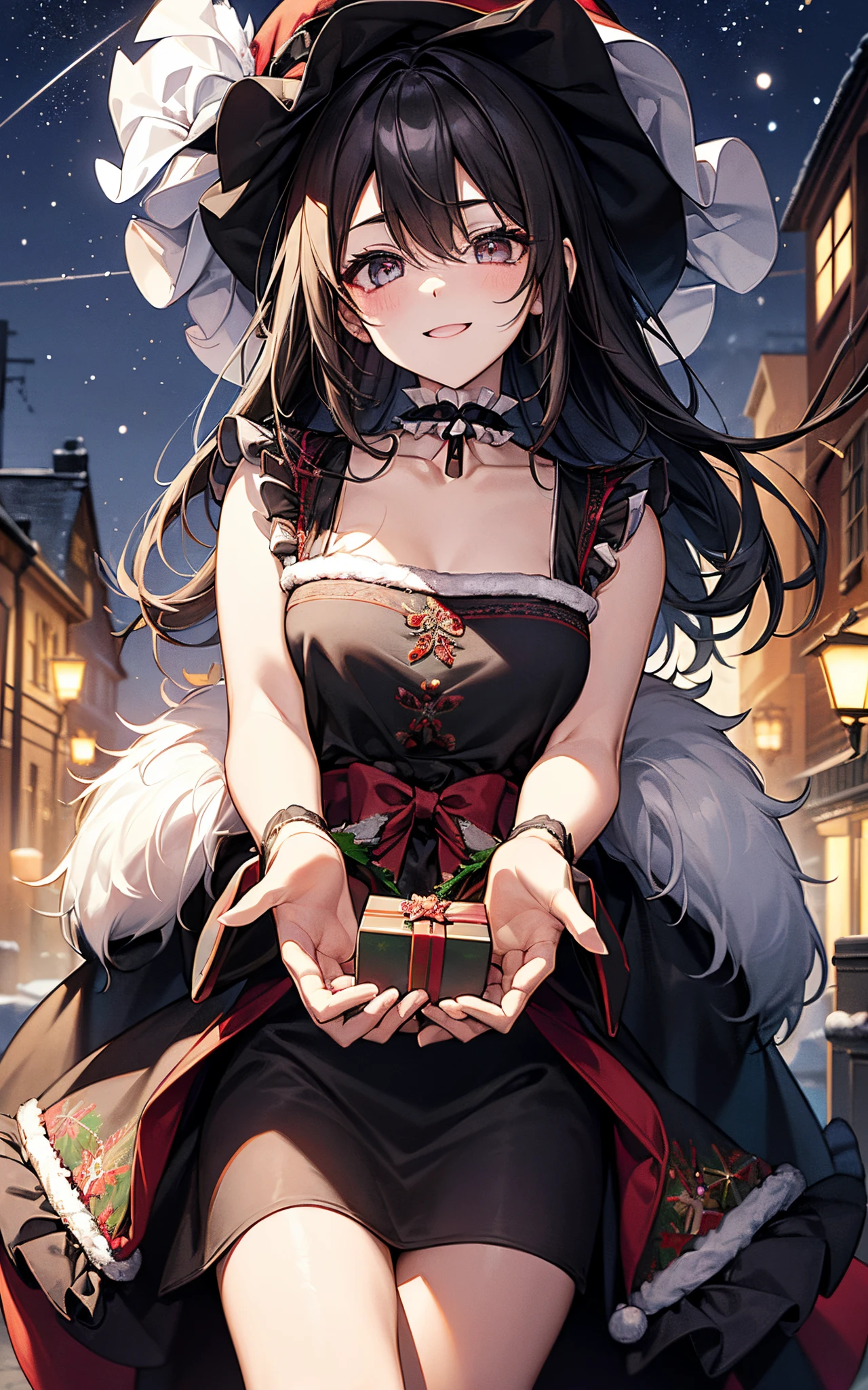 (One lady)、Top image quality、hight resolution、masterpiece、6headed body、(((Christmas embroidery all over clothes)))、(((Wearing black clothes、sleeveless、frills skirt、a choker)))、(black color santa)、(((White fur)))、(big black santa hat)、Beautie、Cheerful smile、Composition looking up at the sky from below、nigh sky、shooting stars、Falling snow、(huge light)、Building Street、Refers to 5、(((white light in my eyes)))、Dye cheeks、Watching the viewer、hair adornments、hair arrangement、