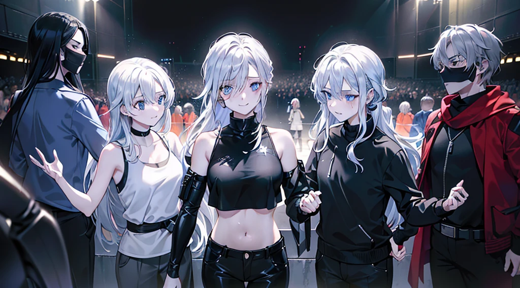 top quality、Best image quality、masterpiece、girl((18 years old、tattered clothes、Black tank top、black short sleeve hoodie、white pants、best tits、chest 85、blond hair、disheveled ponytail、red eyes、open your chest wide、happiness、sweating、chain accessories、hold the mic、speech bubble(love you),singing、dance))high quality、Visual arts、background((Live House、article、combustion conversion、Laser pointer))、table top