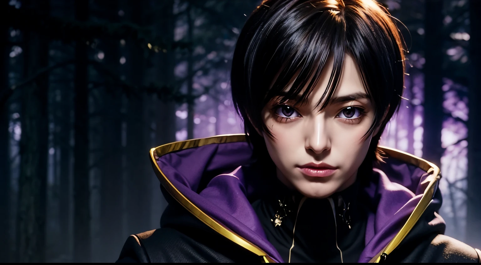 cosmieyes, in a dark forest with trees in the background,purple light shining, black and yellow outfit,black cape,cape, chain-link_fence, coat,gloves, lelouch_lamperouge,black_hair,purple_eyes,short hair, purple light in their eyes, detailed face, detailed eyes, portrait, boy