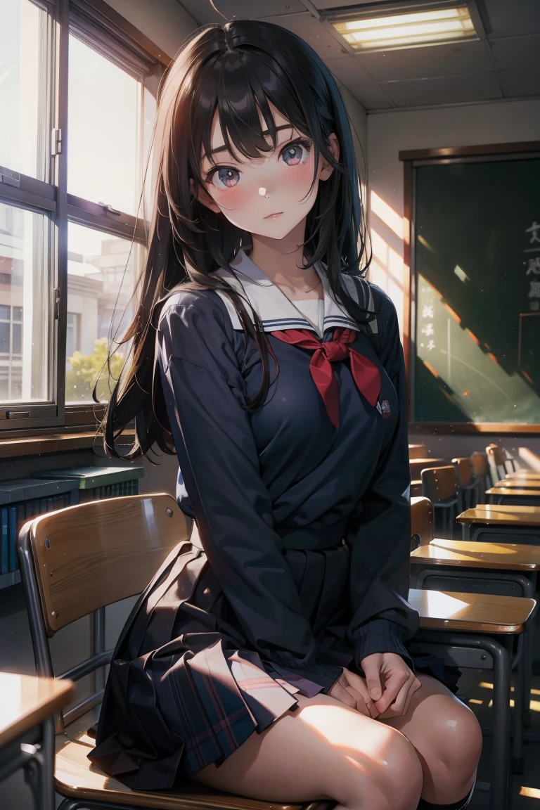 ​masterpiece、white backgrounid、18-year-old woman、there is a woman sitting on a chair in a classroom, in class room, sitting in classroom, a hyperrealistic schoolgirl, Japan school uniform, japanese high school, japanese girl school uniform, a hyperrealistic schoolgirl, of a schoolgirl posing, wearing japanese school uniform, Cute Schoolgirl, full subject in shot, Pupils, Realistic Schoolgirl, In the classroom of  the school、A dark-haired、waist-length hair、