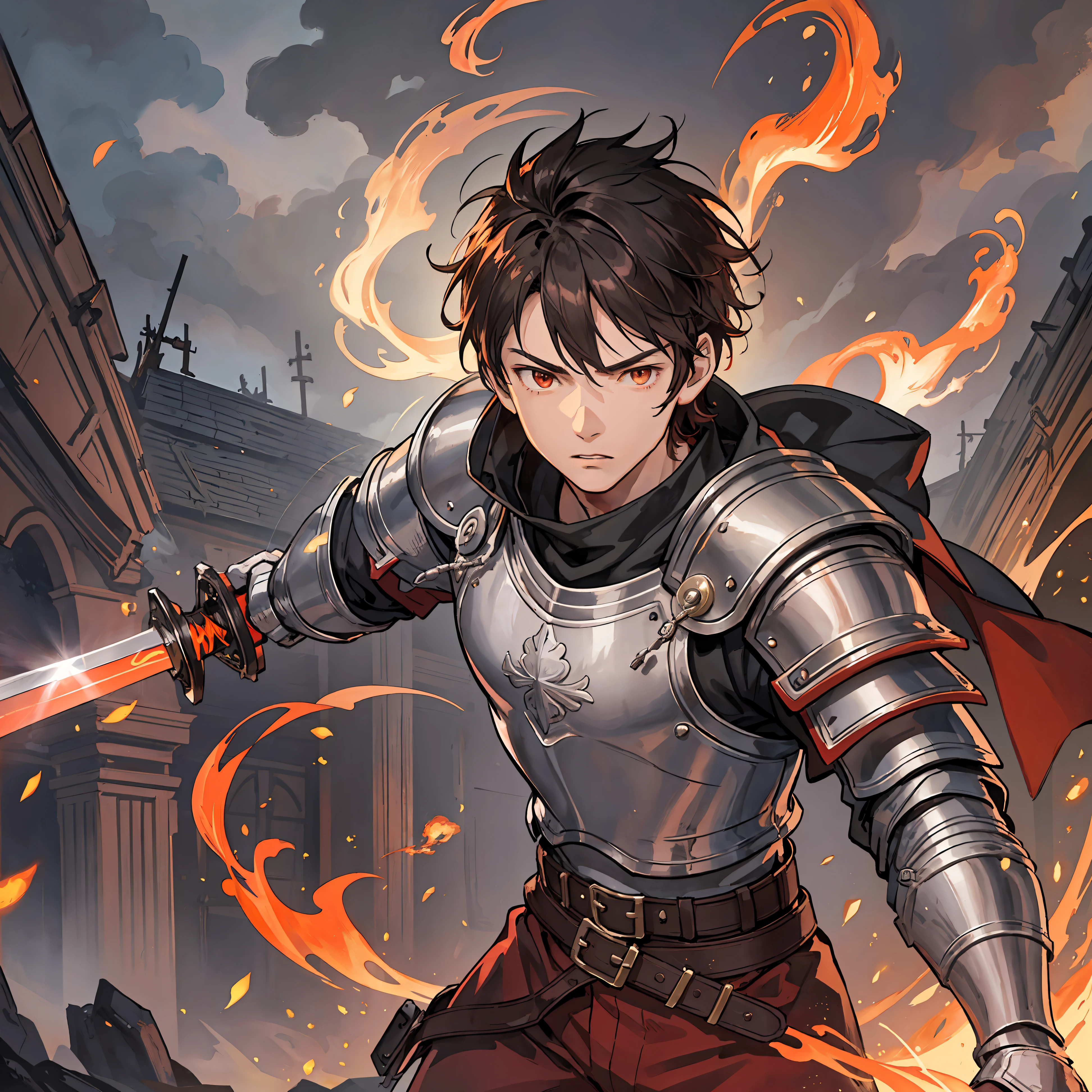 A -yeld tey, with short brown hair, Medium short hair, eyes with brightness, No beard, without a goatee, absence of facial hair, Silver and red medieval knight armor, Red clothes, detailedbackground, Medieval samurai, schoolboy, The artghting, holding a medieval sword, Close-up Shot Shot, Swirling wind, lightning around characters, night complex background, The is very detailed, (sullen:1.3), fire control, Phoenix Physiology, Fire magic, fire attack, Night sky at the entrance, firelight in background, Forest burning, Bright flame with many red and orange fire particles floating, many flames floating