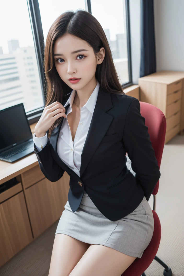 (1womanl), Beautiful, (Best Quality:1.4), (Ultra-detailed), (extremely detailed CG unified 8k wallpaper), Highly detailed, High-definition raw color photos, Professional Photography, Amazing face and eyes, makeup, (amazingly beautiful girl), ((Business Suit)), ((Mini skirt)), (Business shirt with wide open chest:1.3), (Sales Office:1.3), (:1.3), Business Desk, Chair, windows, computers, View from below