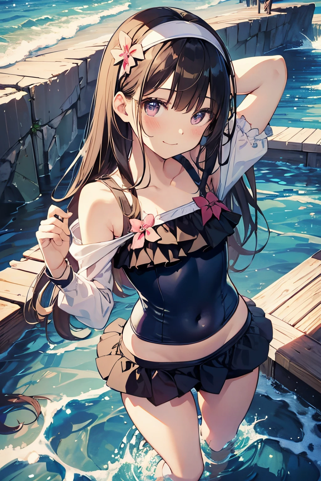 V beautiful illustrations、top-quality、cute petit girl、(transform sequence)、((Cute swimsuit))、(cute decorative headband)、14years、a junior high school student、Slender beautiful girl、Fractal Art、baby-face、((stright long hair))、Beautiful big drooping eyes、A smile、Full Body Display、(1 persons)、quiet beautiful beach、(knee high socks)、is standing、