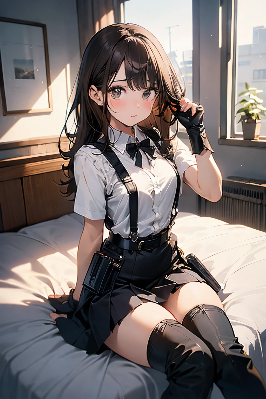 ​masterpiece、flat-colors、depth of fields、lens flare 1 girl、、Brown hair、watching at viewers　　　black suspenders　　　Bulging big breasts　　 　 　　　walls: 　Black miniskirt　garters　　　　　　Gaze　　　Small face　bangss 　　　holster　　Belt Armament　Beautuful Women　srestrained　hands up　Lying in bed　Leg holster lying on the bed　　Gaze 　Black boots