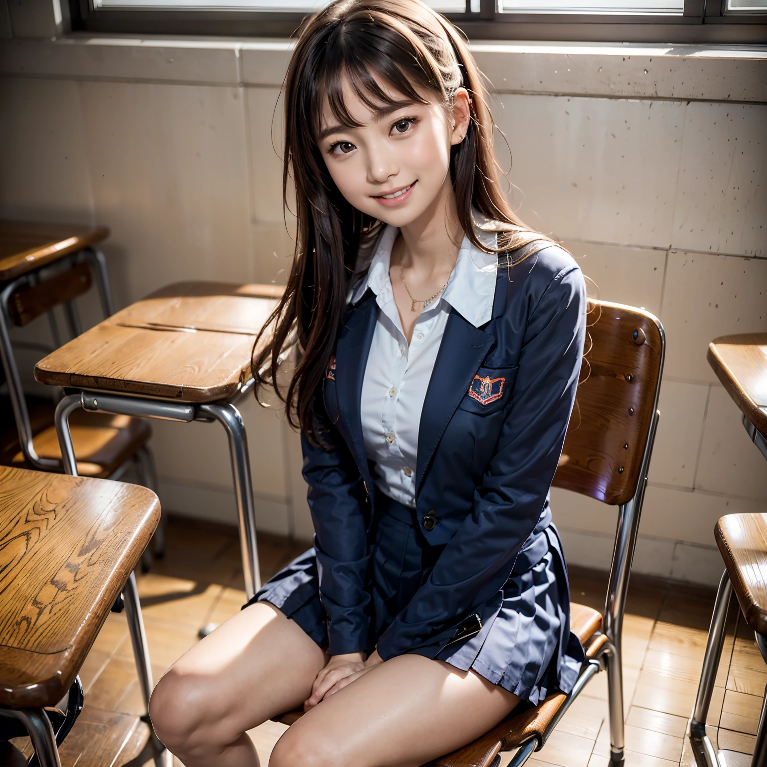 1 girl, best quality, facial focus, soft light, (depth of field), ultra high res, (photorealistic: 1.4), RAW photo, (upper knees: 1.4), (side) 1Japanese girl, solo, handsome, (shy, smile: 1.1), (brown eyes), detailed beautiful face, (long hair), High school classroom, (seated chair), (school uniform: 1.4, navy skirt, navy Blazer)