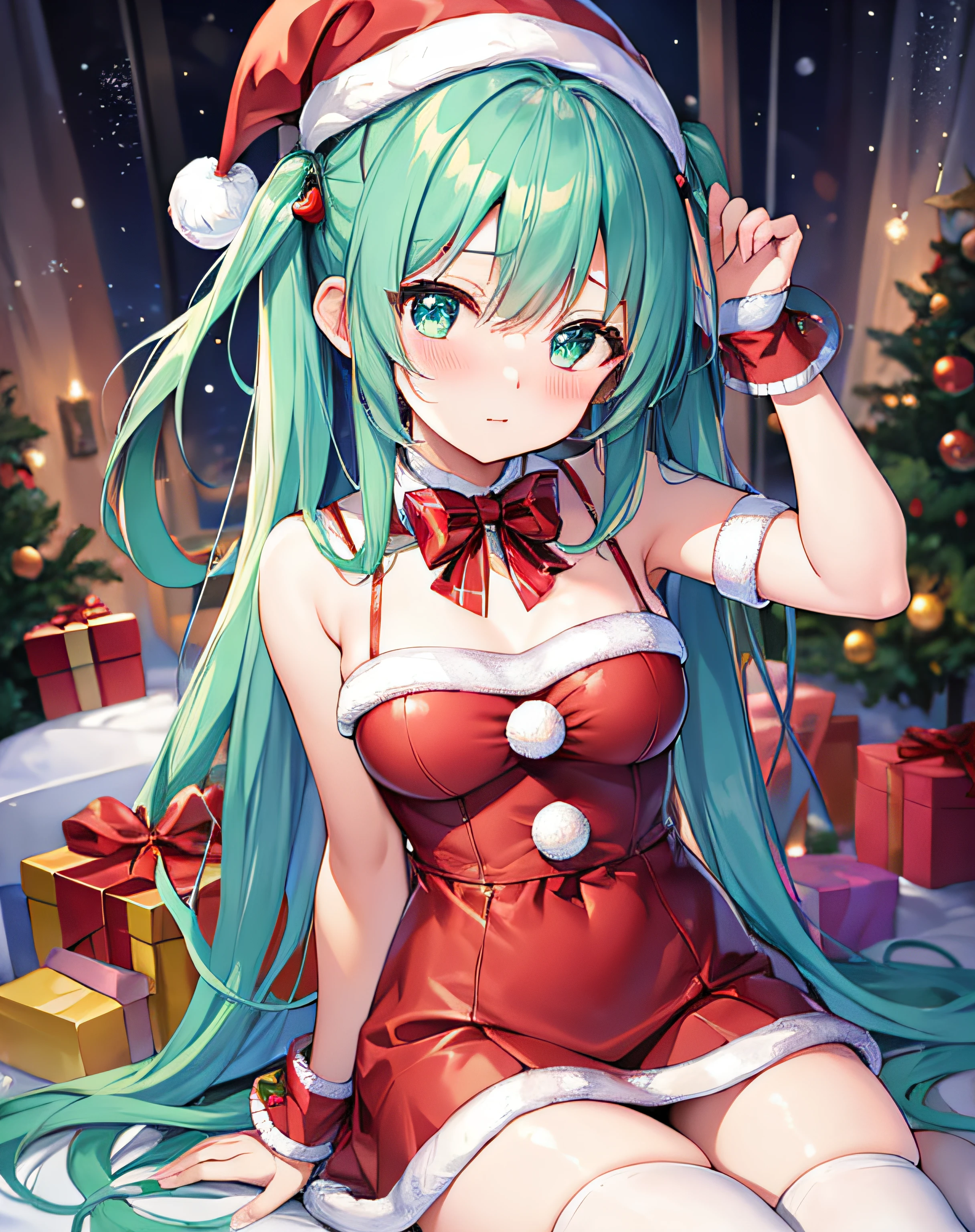 ​masterpiece、Top image quality、超A high resolution、miku hatsune、blue hairs、Twin-tailed、Blushing、is in estrus、Cute and shy、santa costume、Santa Costume Mini Skirt、Wearing a Santa Hat、firm breasts、well-shaped breasts、over-the-knee socks、Striped panties、There are some small gift boxes、Night、Christmas