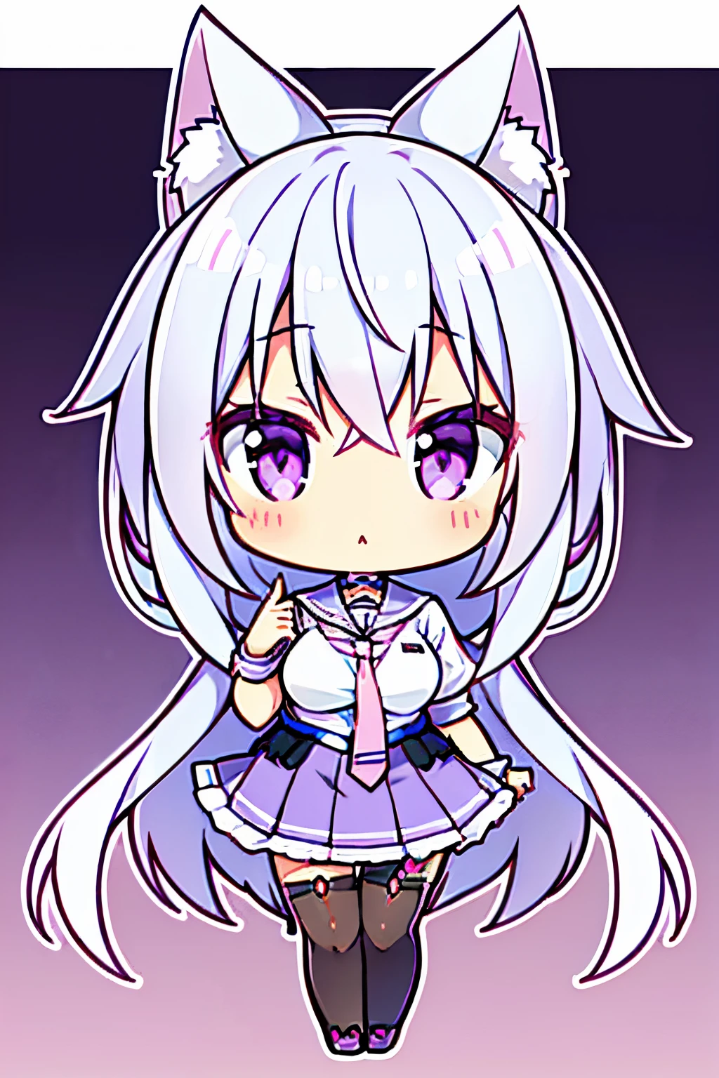 "anime girl, 1 person, silver white hair, light pink purple eyes, wearing cat ear headphones, female shirt, female school uniform, tie, black miniskirt, big breasts, tights, standing cross-legged, side view, (full HD 4K+ image)"