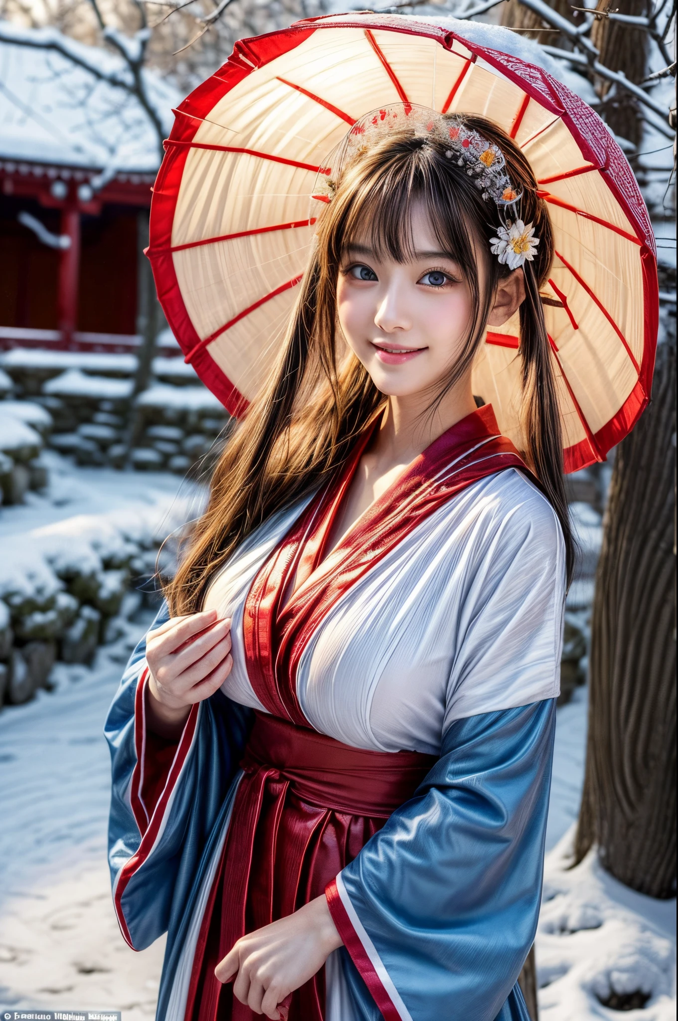 (masutepiece:1.3, Photorealsitic:1.4, 8K), top-quality, masterpiece, 超A high resolution, Perfect dynamic composition, Highly detailed skin and facial texture:1.3, A detailed eye, Detailed limbs, Night precincts in snowy country:1.2, 1girl in, Cute sexy 22 year old slim woman, Fair skin, ((Natural smile:0.9, Totally captivates you:1.0)), ((accurate shrine maiden costume)), ((voluptuous breasts:0.9)) (Facing the front, randome pose), (Beautiful blue eyes, Eyes that feel beautiful eros:0.85), Sexy face:0.4, (A mouthfeel that feels beautiful eros:0.85), ((Too cute beauty:0.9))