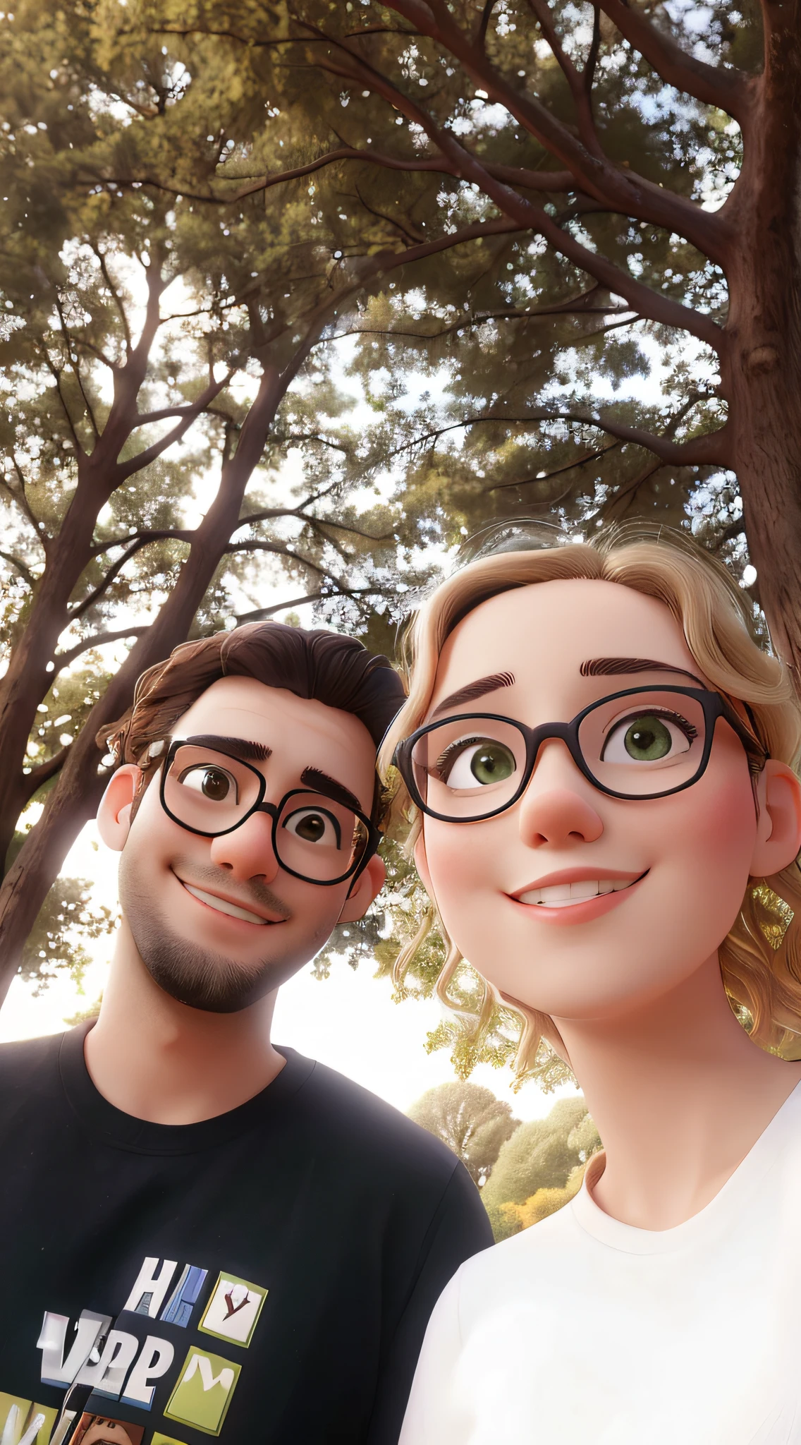 they are posing for a picture under a tree with their glasses on, trees in the background, with a park in the background, park in background, couple portrait, against the backdrop of trees, very accurate photo, couples portrait, in a park, at a park, 8k selfie photograph, portrait of two people, in the park, in front of an amazing forest