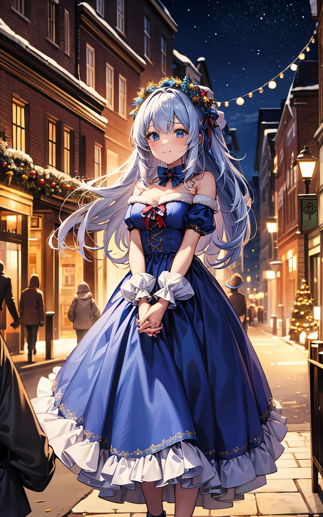 I walked down the Christmas street at night holding hands with Santa's girlfriend, who was wearing a blue costume full of frills.