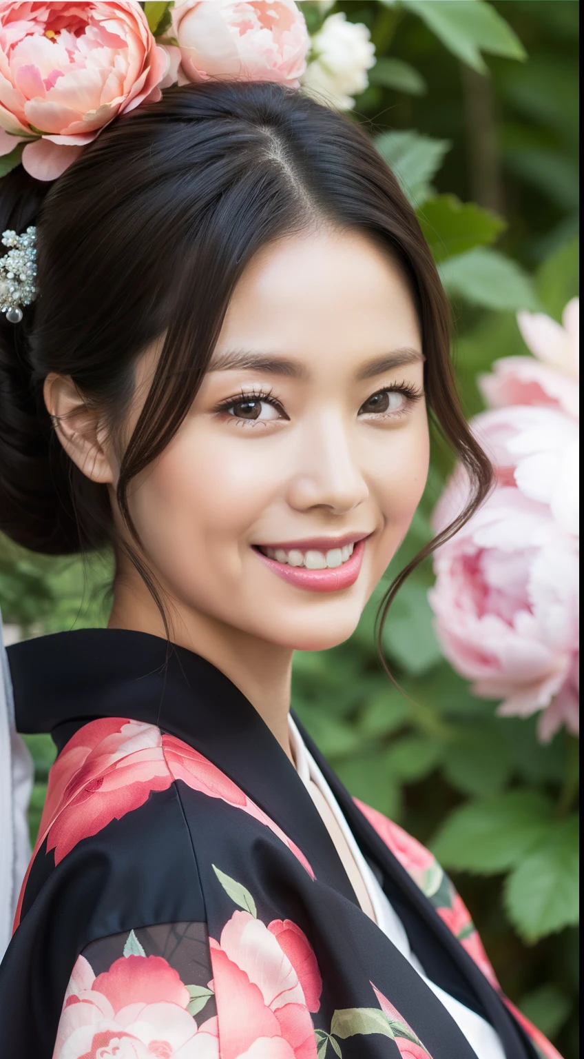 （Kimono made of peony，A lot of roses），Contemporary art，Complex design，top-quality，8K，tmasterpiece：1.3，Clear focus：1.2，Beautiful Women in Perfect Figure：1.4，Highly detailed face and skin textures，Detailed eyes，cparted lips，coiled hair，fully body photo，a smile