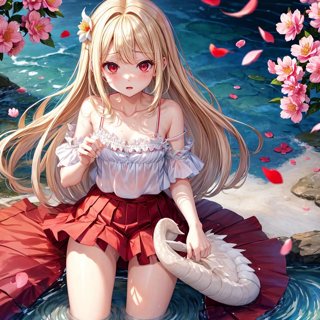 a blond、red eyes、1 pretty girl、animesque、lightly dressed、a miniskirt、flower petals、bare-legged、wetting hair、sullenness、Camisole-wearing、rainbows、Skip water、dragon