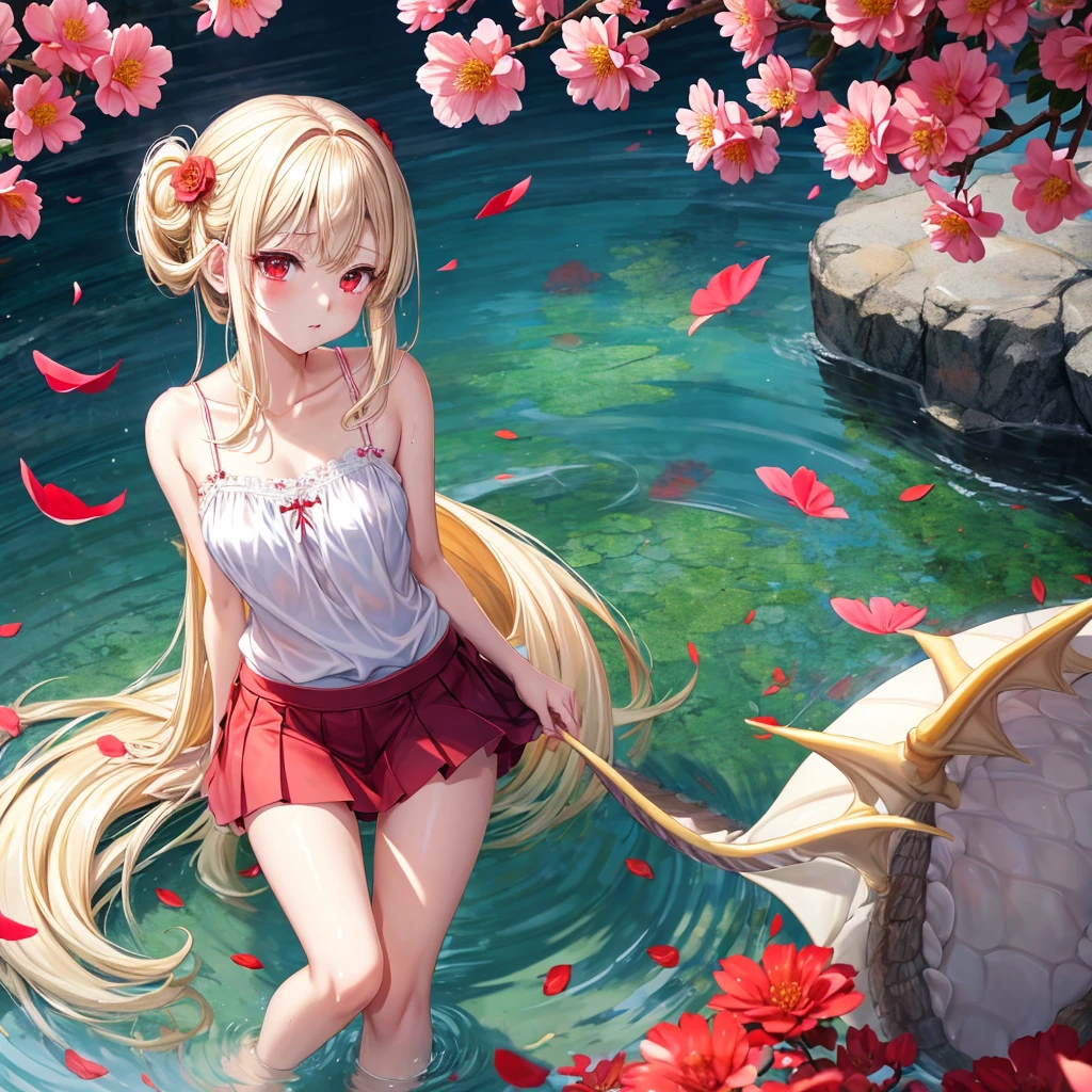 a blond、red eyes、1 pretty girl、animesque、lightly dressed、a miniskirt、flower petals、bare-legged、wetting hair、sullenness、Camisole-wearing、rainbows、Skip water、dragon