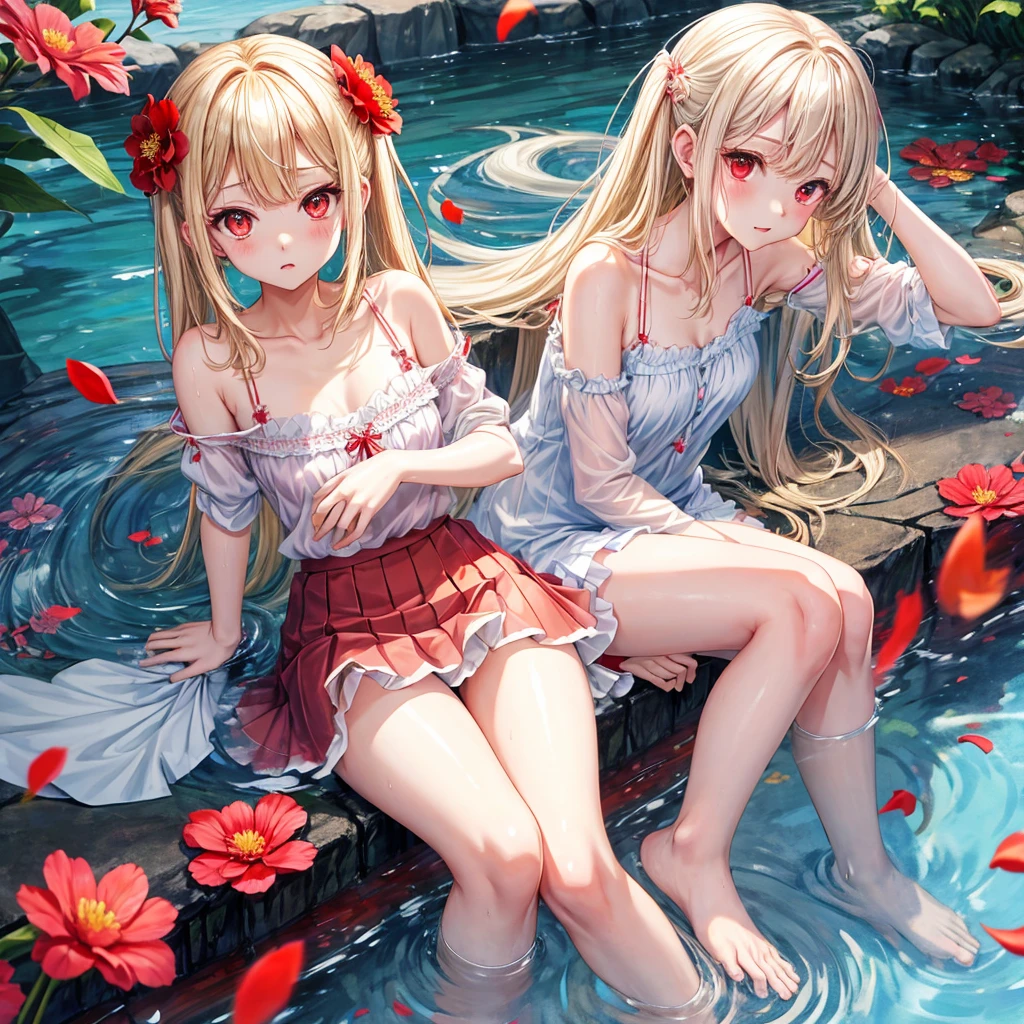 a blond、red eyes、1 pretty girl、animesque、lightly dressed、a miniskirt、flower petals、bare-legged、wetting hair、sullenness、Camisole-wearing、rainbows、Skip water、dragon