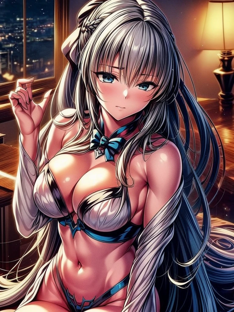 (masterpiece ,Best Quality,Insanely detailed),Beautiful 8K CG artwork,1 absolutely beautiful woman,solo,morgan le fay (fate),detailed face, perfect face, perfect eyes,detailed and beautiful eyes,Twinkle Eyes,blue eyes,Long Hair, pony tail,Very long hair, big boob, black bow,Hair Bow, thighs,side locks, French braid, grey hair,Goddess-like posture,Kneeling exercise,Slim and soft,Translucent skin,big breasts,perfect figure,Glossy lips, Perfect Anatomy , Perfect five fingers,Attractive,amazing, Super Fine Age,