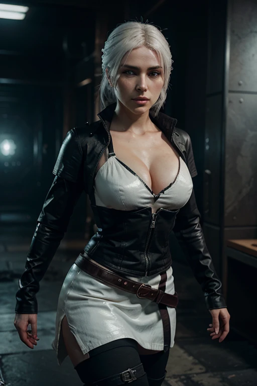 Character storms in realistic version, sexy, short black t-shirt draped over the shoulder, fabric pule, short skirt, cleavage, long stockings, white eyes shining, long white hair flying, lightning and hurricanes in the background, lightning coming out of the hands, gloves, Full HD 8K, full resolution, ultra detailed and realistic image, fantasy style