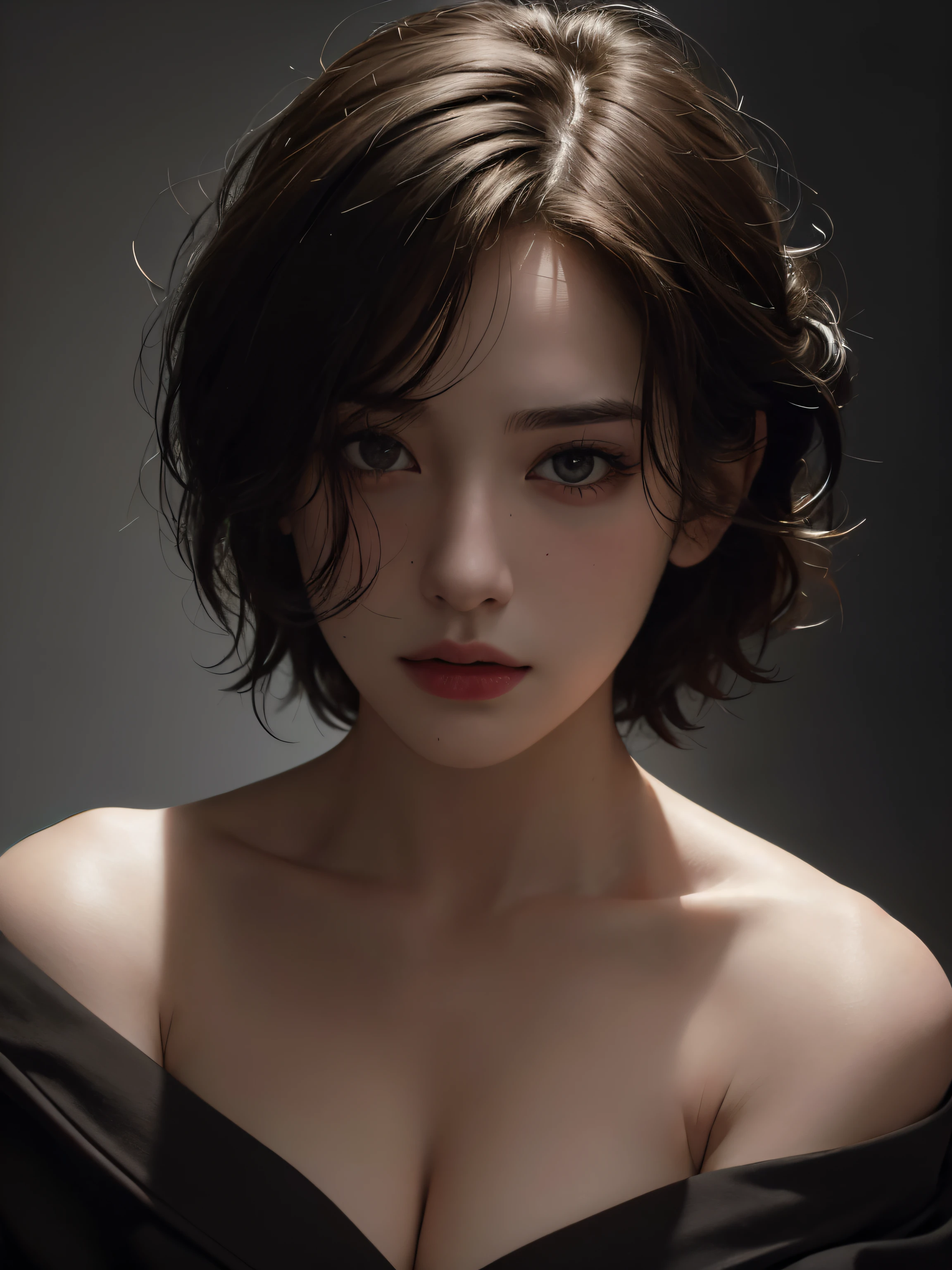 Skin Tight Black Top:1.2、look at viewer、cinematic lighting、perfect、soft light、High resolution skin:1.2、realistic skin texture、30 year old mature woman、small face、no makeup、off shoulder、Bust B Cup、 exposed cleavage、red eyes、short hair、dark brown hair、full nude、gray background、