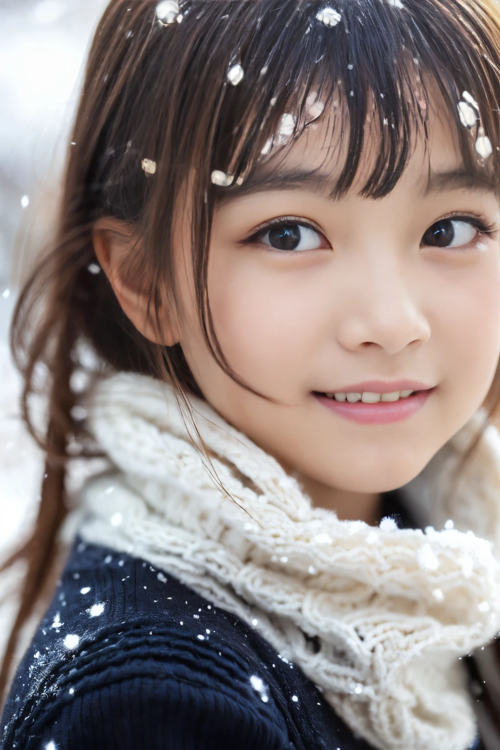 Japanese girl, 8, lo, sweat, cute hairstyle, photograph,  

from distance, check scurf, body,((detailed beautiful snow, diamond dust)), snow town, snowflakeloating, , dynamic angle, mid night, starry sky, clouds