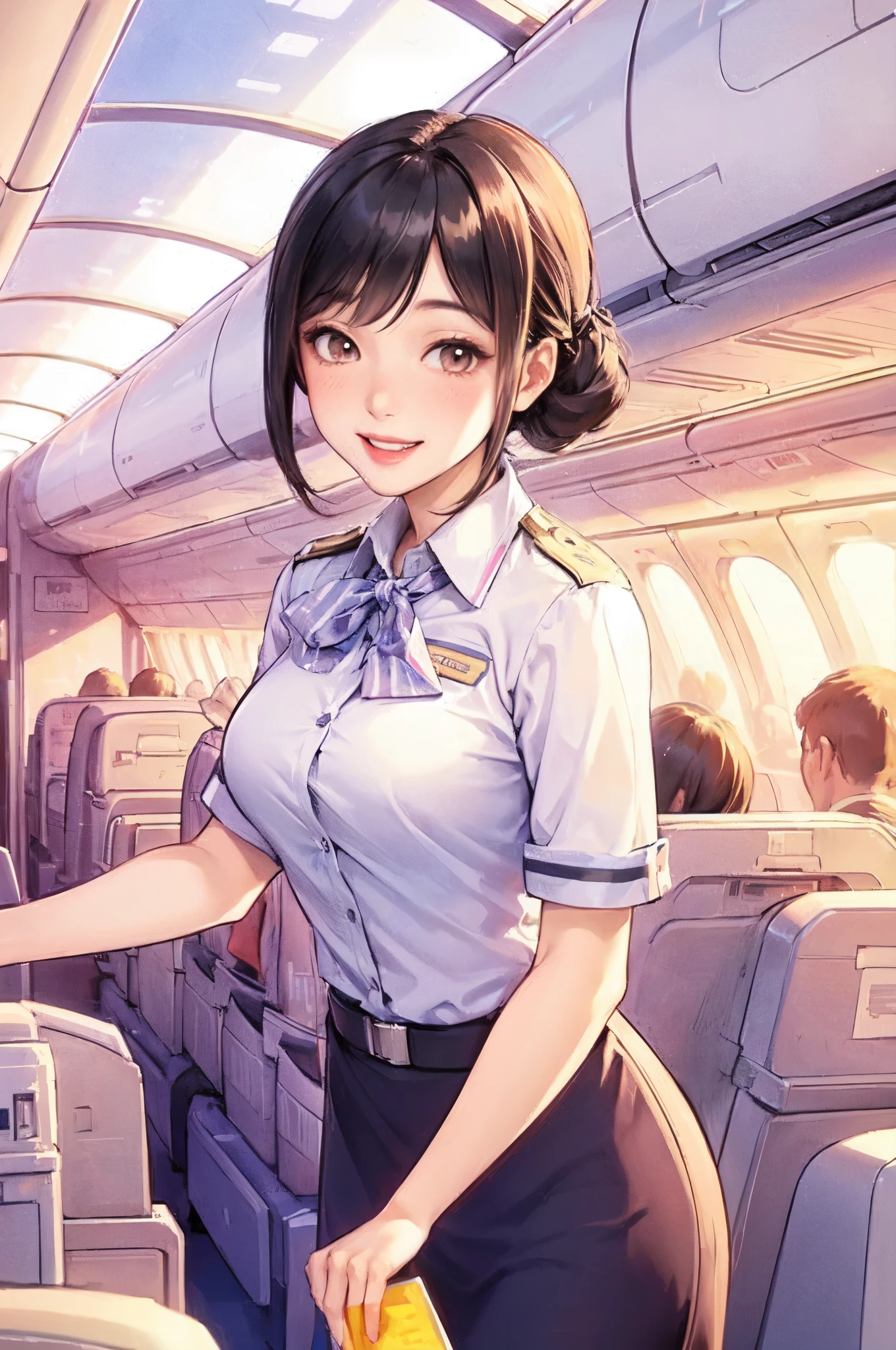 1lady standing, stewardess, (stewardess uniform), mature female, /(black hair/) bangs, blush happy smile, (masterpiece best quality:1.2) ultra-detailed, large breasts BREAK /(airplane seat/) indoors