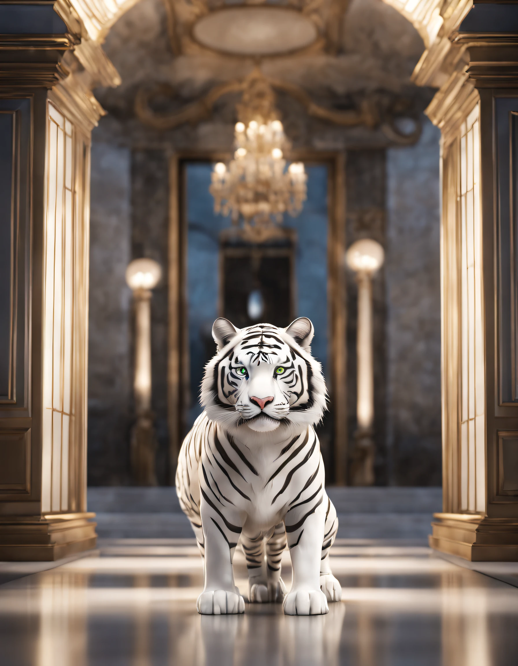 character  design，（Little white tiger model at fashion week）, Wearing Armani fashion,,
Background with: indoor，On the catwalk
{{tmasterpiece}}, {{{Best quality}}}, {{ultra - detailed}}, photography of,pixar-style,cartoonish style,comic strip,tmasterpiece,lamplight,illusory engine,Rendered by Octane,Corona introduction,V-rays,tiltshift,,shot from far away,a 3D render,