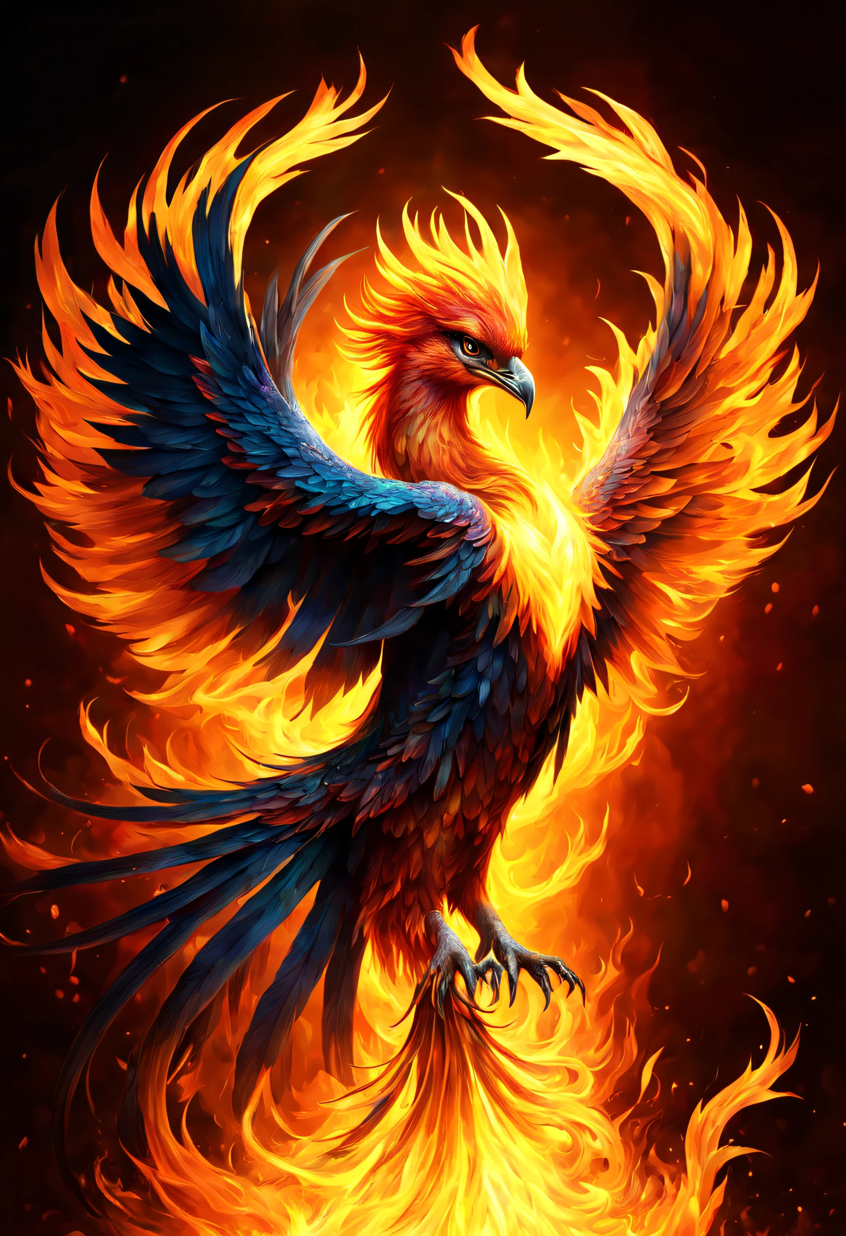 A beautiful phoenix is reborn in the fire, it has a very visible and lot of textured aura.