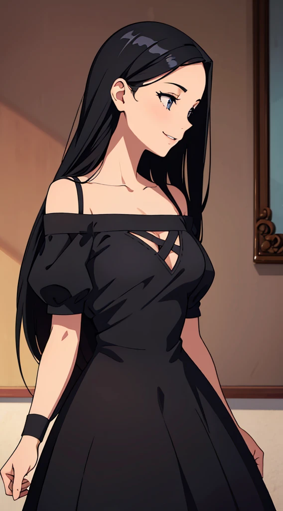 girl, with black hair, hair lenght until bust, straight hair, hair parted in center of head, round face. hairstyle with a center part, that the hair should be parted down the middle, creating a symmetrical look without any frontal hair covering the forehead. Wearing dress. Happy and smiling. Face, profile, photoshoot. Wearing dress, adorably.