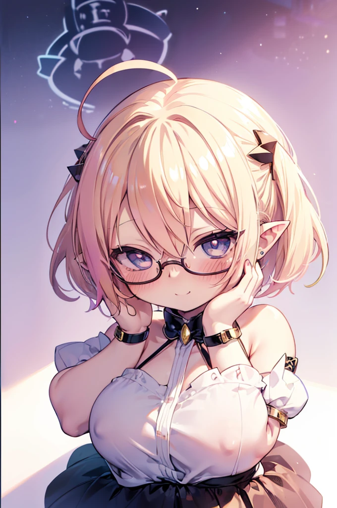 ultra detailed, best quality, high resolution, ((1girl)), looking at viewer, pale skin, petite, (blonde hair), (very short hair), (ahoge:1.3), (glasses), pointy ears, (blush:1.3), blue eyes, large breasts, happy smile, nsfw, ((nude)), steam:1.3, ((chibi:1.5))