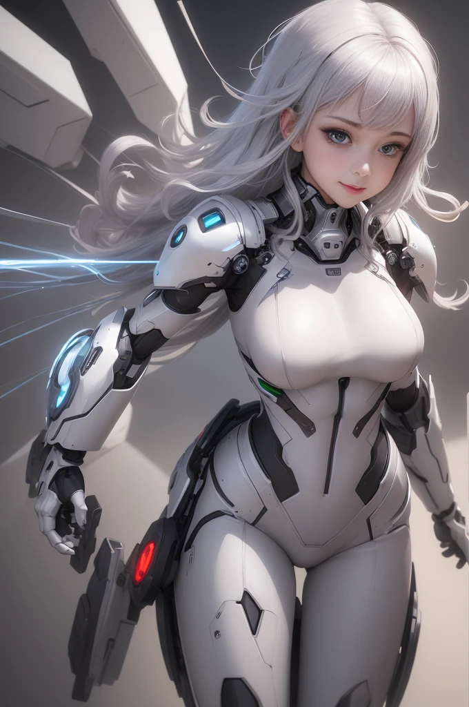 A girl wearing a pure white mecha、A smile、Breasts with cleavage、Mechanical design、hight resolution、Loose silver hair、masuter piece、Background glow,dynamic movements,