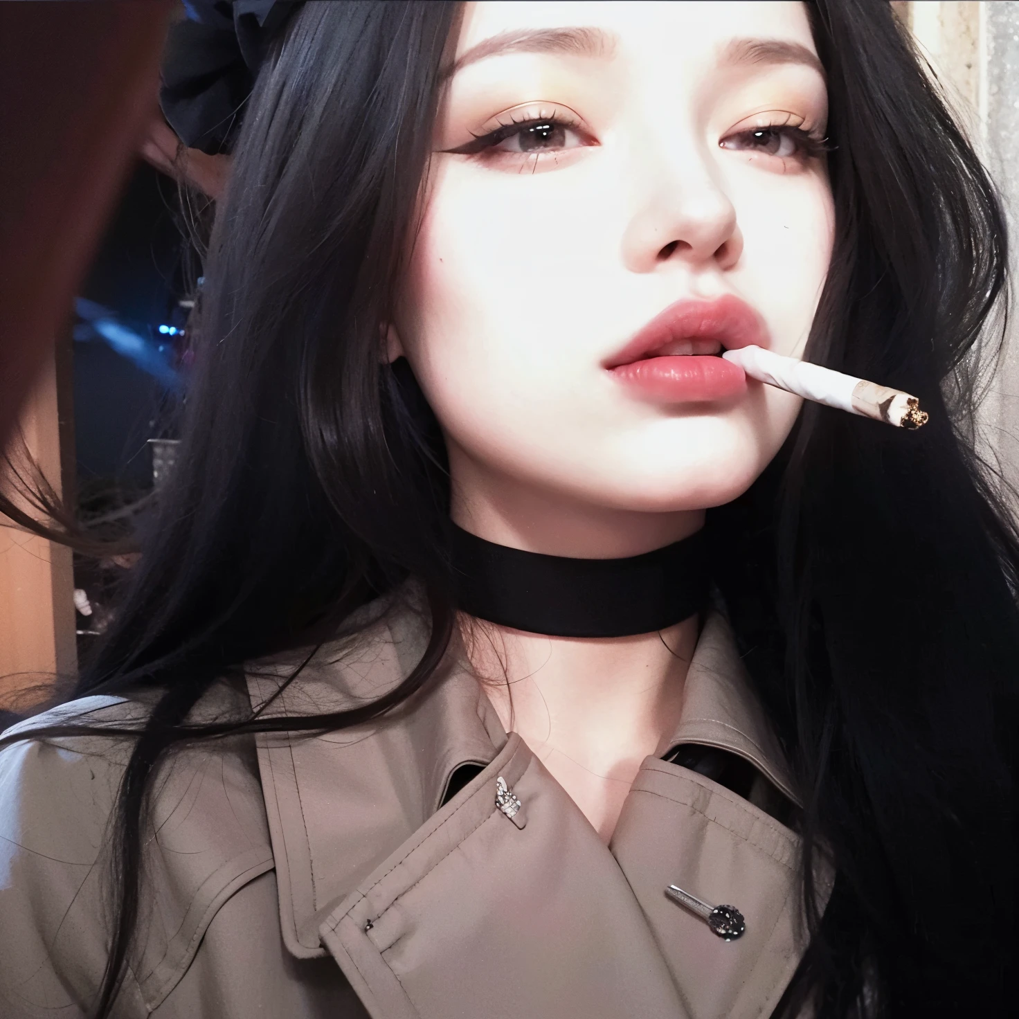 Teen boy pale silky soft black hair bangs above eyebrow light green eyes, with her small pink lips and small, thin potato nose taking a photo looking at the camera and good quality