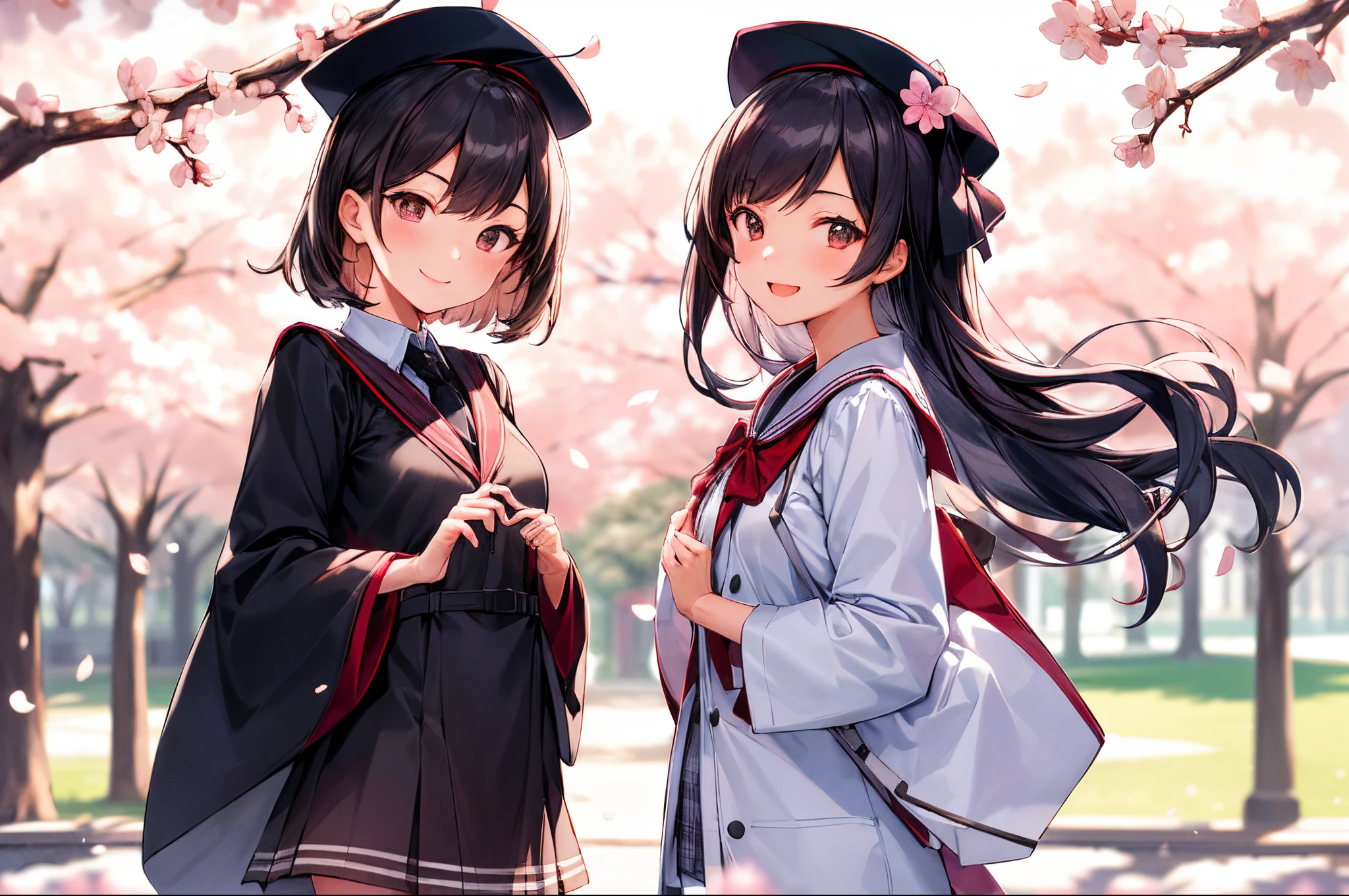 academic gown, academic robe, mortarboard, square cap, university campus, buildings, cherry blossoms, smiling, 2girls, detailed uniform, look at viewer, (SIGMA 85mm f1.4), depth of field, bokeh, detailed photorealistic background, diffused natural sunlight, diffused natural skin glow