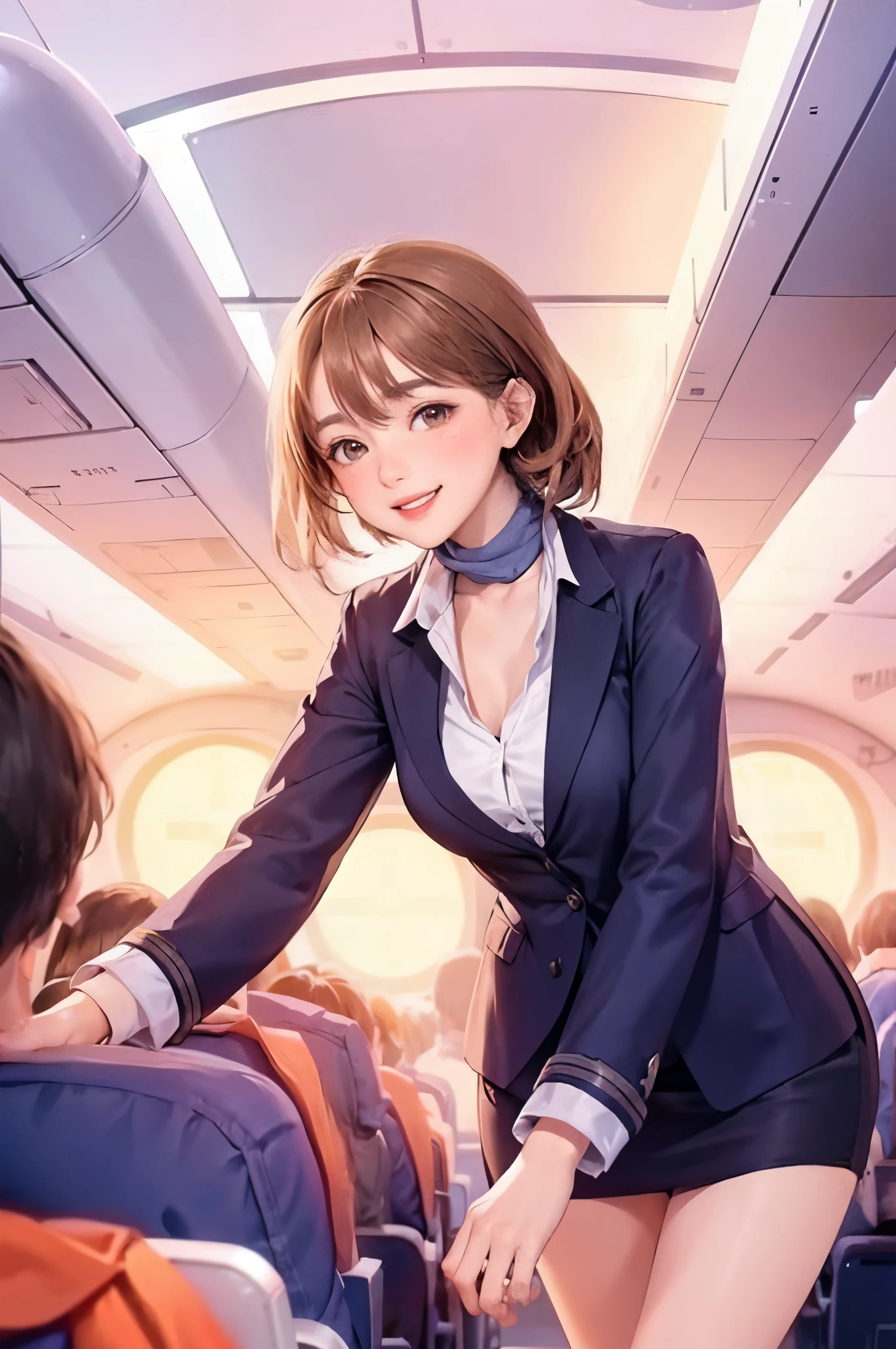 1lady standing, stewardess, (stewardess uniform) scarf, mature female, /(light brown hair/) bangs, blush happy smile,  (masterpiece best quality:1.2) ultra-detailed, large breasts BREAK /(airplane seat/) indoors