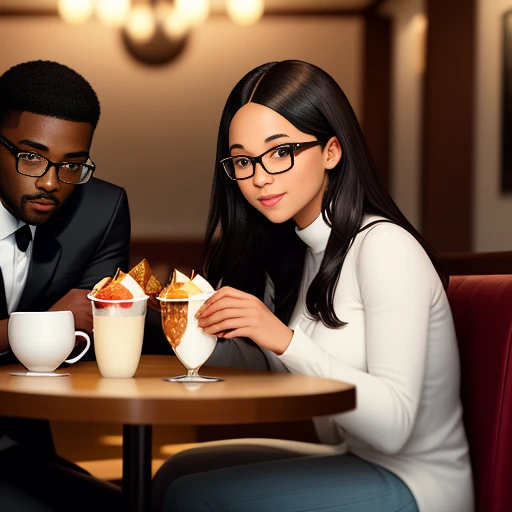 Create the image of a black gentleman and a light woman with dark hair, having breakfast in a restaurant, both wearing glasses