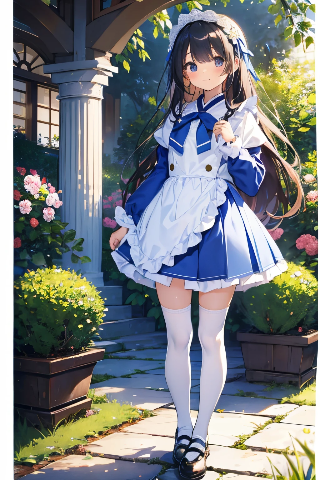 Beautiful illustration、top-quality、cute it girl、(transform sequence)、white japanese maid uniform、((Blue leotard))、10y old、elementr beautiful girl、Fractal Art、baby-face、((stright long ))、beul detailed eyes、A smile、Full Body Display、Western-style garden、(1 persons)、long-sleeve、landscaped gardens、(knee high socks)、is standing、(highleg)、