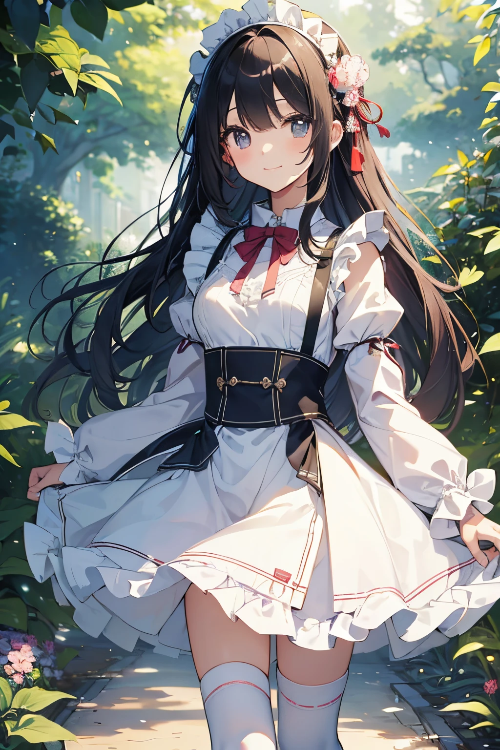 Beautiful illustration、top-quality、cute petit girl、(transform sequence)、((white japanese maid style leotard))、10yaers old、elementary student、Slender beautiful girl、Fractal Art、baby-face、((stright long hair))、beatiful detailed eyes、A smile、Full Body Display、Western-style garden、（1 persons）、long-sleeve、landscaped gardens、（knee high socks）、is standing、（highleg）、