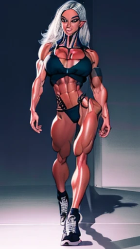 Drawing of katopunk female fitness model, toned body, feminine, huge upper body, focus on torso, wide shoulders, veins, beautiful face, full lips, slim face, high cheekbones,(best quality, highres, ultra-detailed, realistic:1.37), muscular arms and legs, defined abs, confident expression, intense gaze, vibrant colors, dynamic lighting, mixed media artwork, dark background