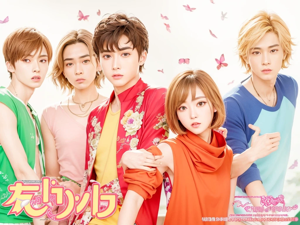 Best quality, masterpiece, ultra high res, (photorealistic:1.4) detailed skin, detailed eyes, shiny skin detailed outfit, detailed hair, detailed Shen Yue as tsukushi_makino, detailed Dylan Wang as domyouji_tsukasa, detailed Darren Chen as hanazawa_rui, detailed Connor Leong as akira_mimasaka, detailed Caesar Wu as soujiro_nishikado, smile face