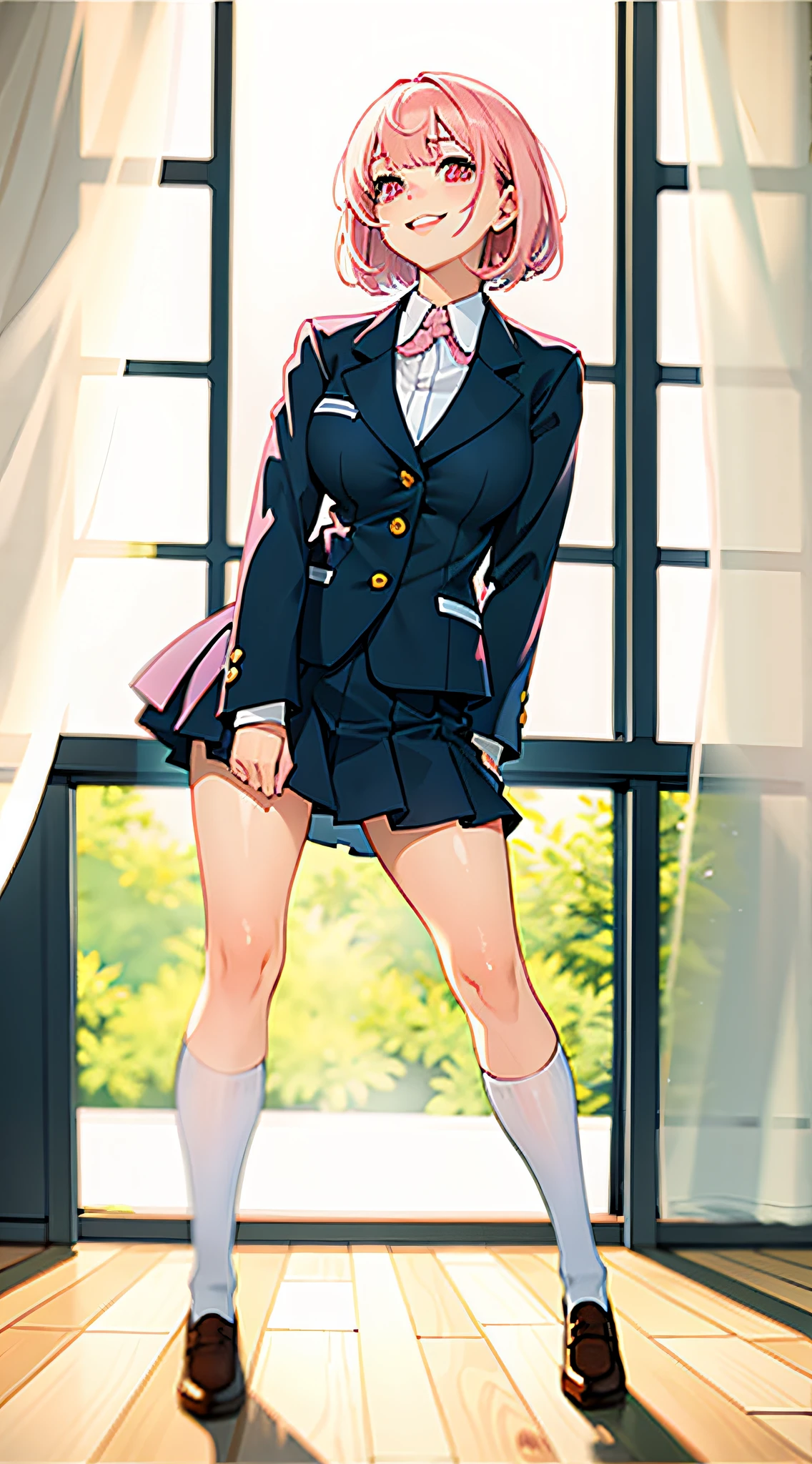 (masterpiece), best quality, expressive eyes, perfect face，Full of details, a girl with pink short hair and straight bangs, pink eyes

BREAK

(wearing a school uniform), smiling, happy