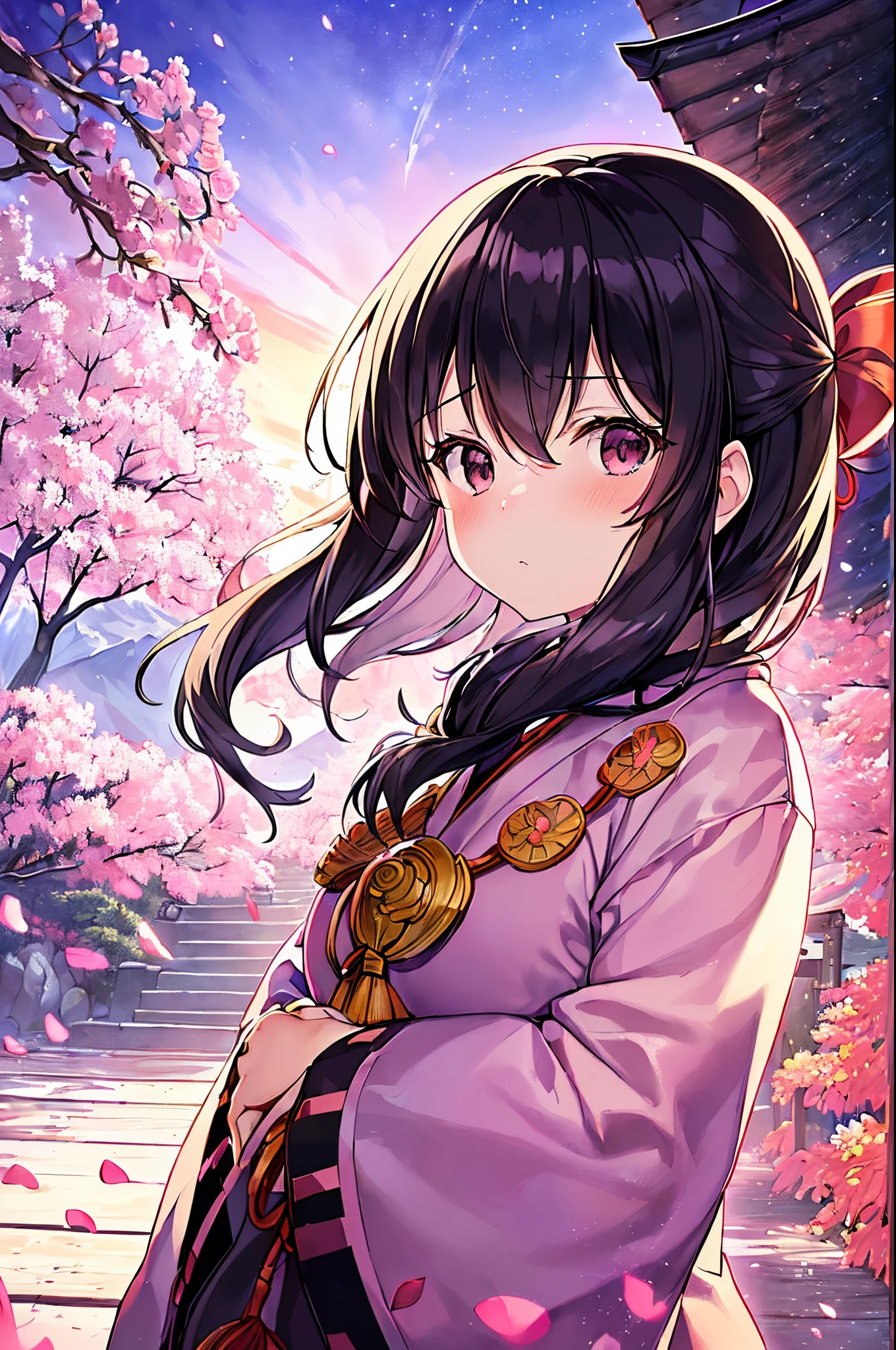 (Best Quality, masutepiece),(1girl in, shrine maiden, coat, Facial expression face, Black eyes, view front ,Black hair, Walking, Upper body), (Stray Sky at night, Huge old tree behind, Pink petals that shine on the back fall, Shrine behind, mountain background, Blowing wind, Meteor clouds)